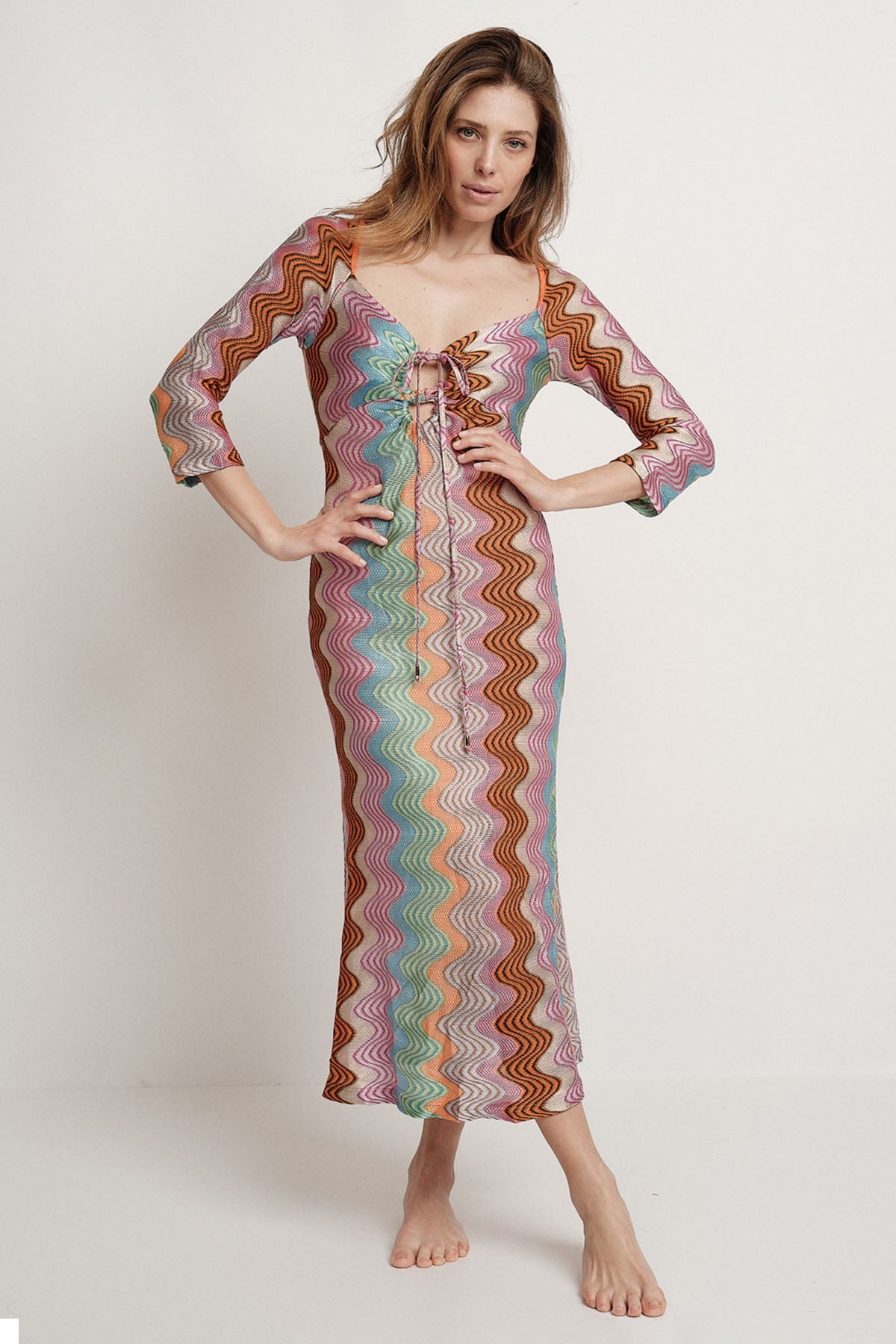 Meme Road V Yaka Renkli Örgü Midi Elbise-Libas Trendy Fashion Store