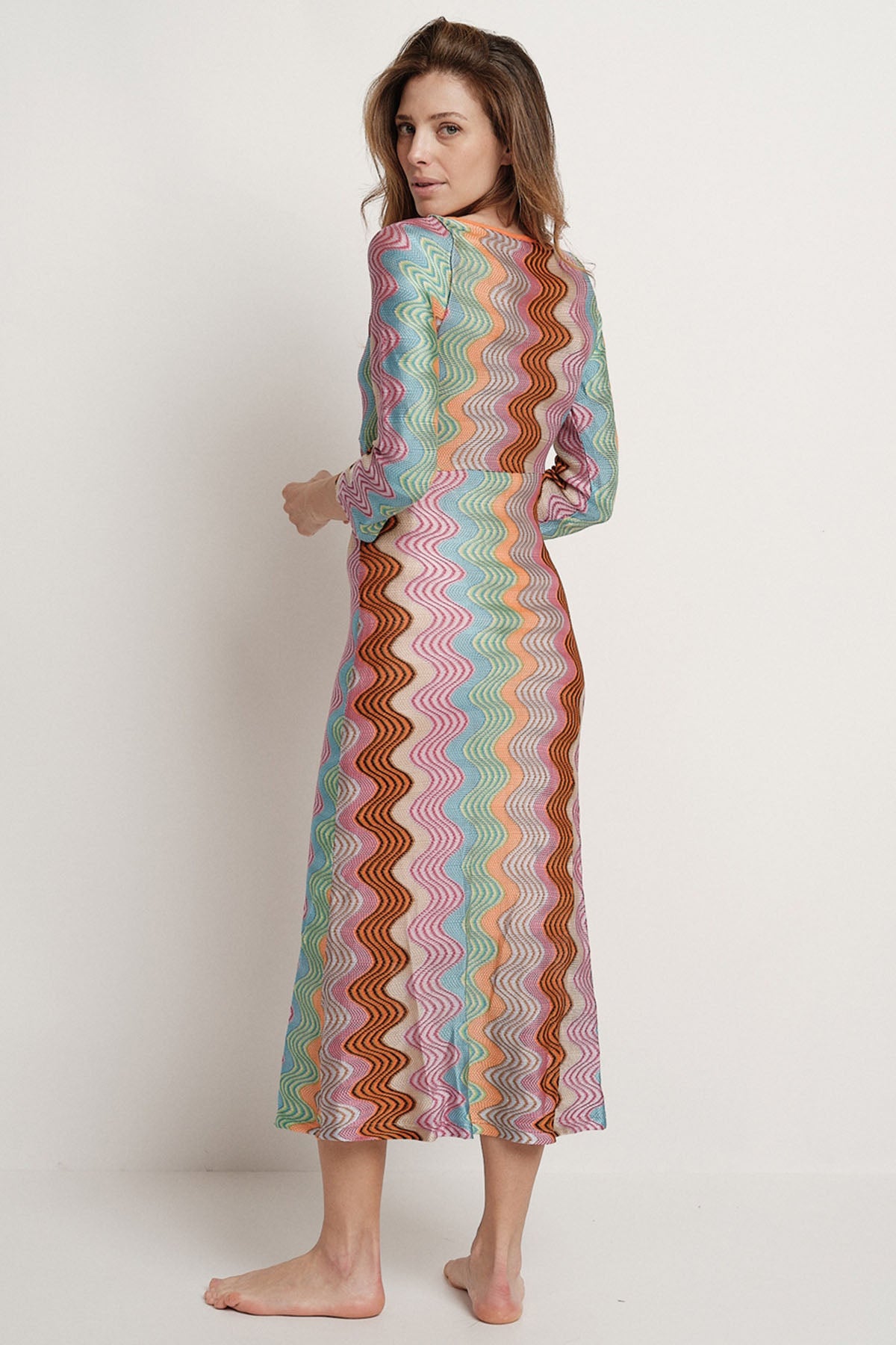 Meme Road V Yaka Renkli Örgü Midi Elbise-Libas Trendy Fashion Store