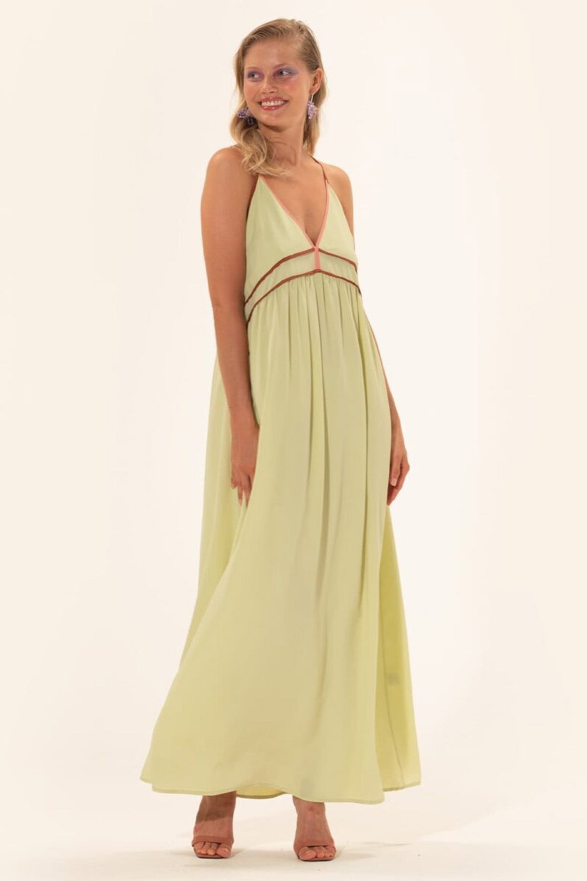 Meme Road Askılı Derin V Yaka İpekli Maxi Elbise-Libas Trendy Fashion Store