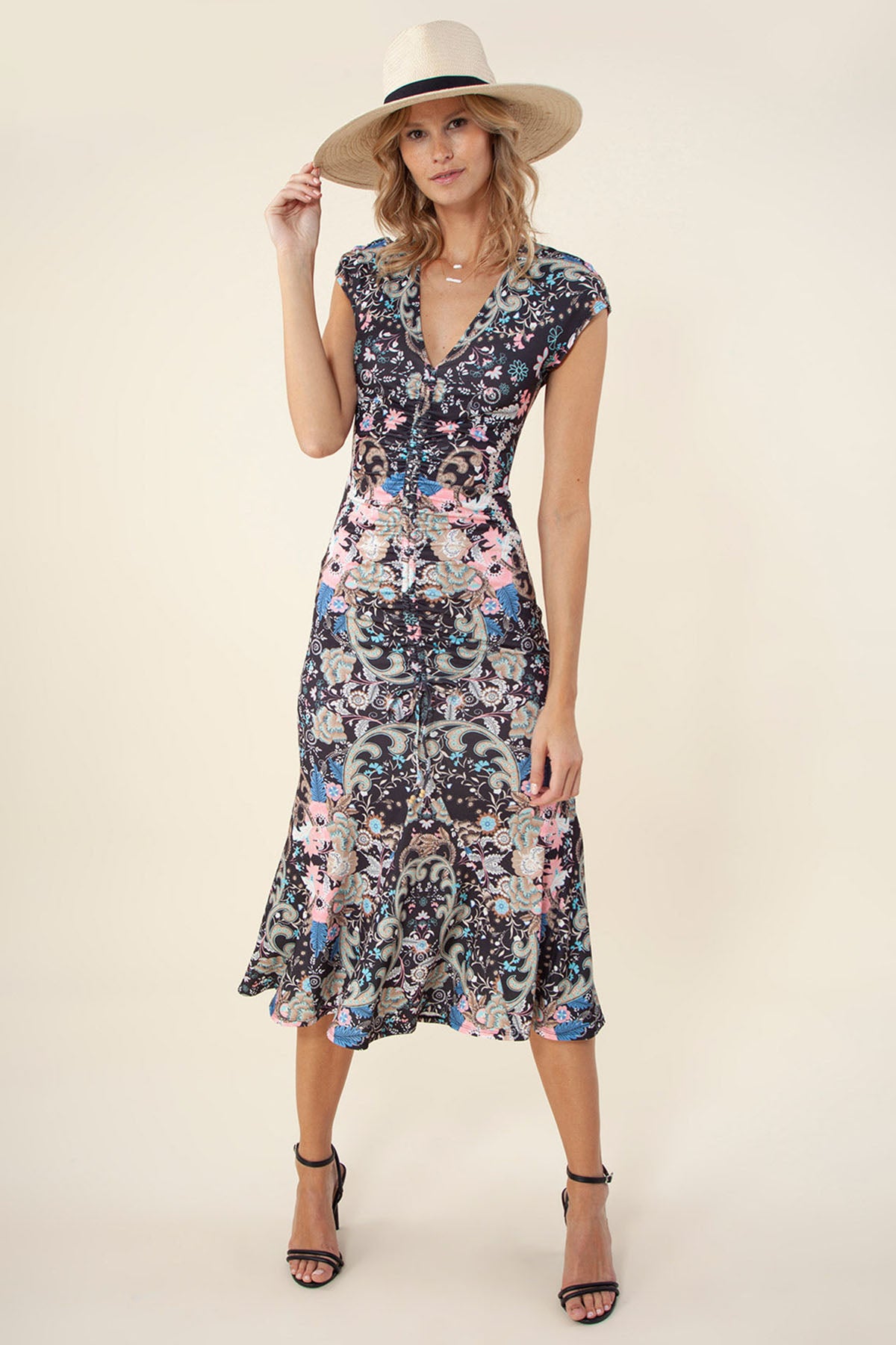 Hale Bob Izidora Bele Oturan Midi Elbise-Libas Trendy Fashion Store