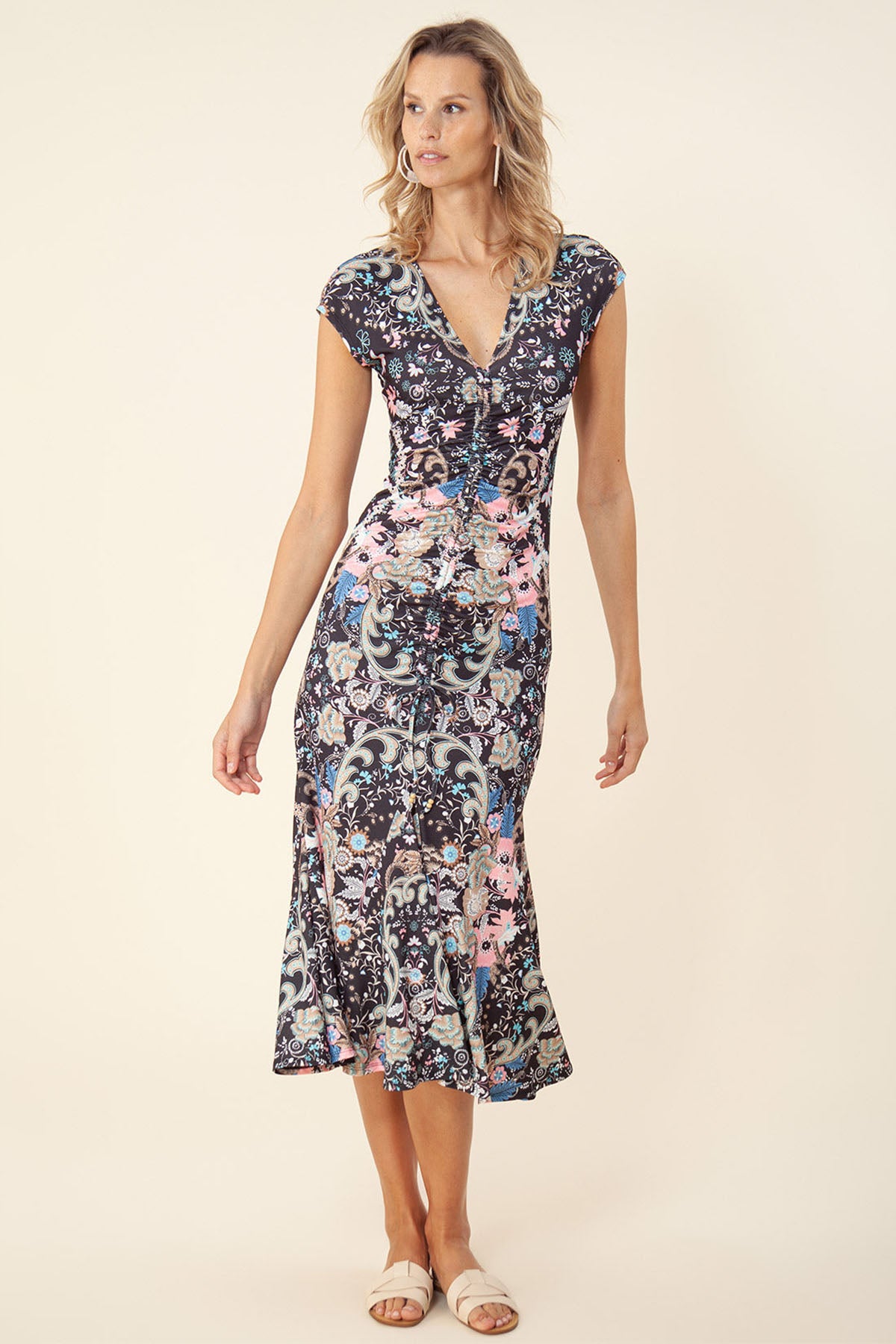 Hale Bob Izidora Bele Oturan Midi Elbise-Libas Trendy Fashion Store