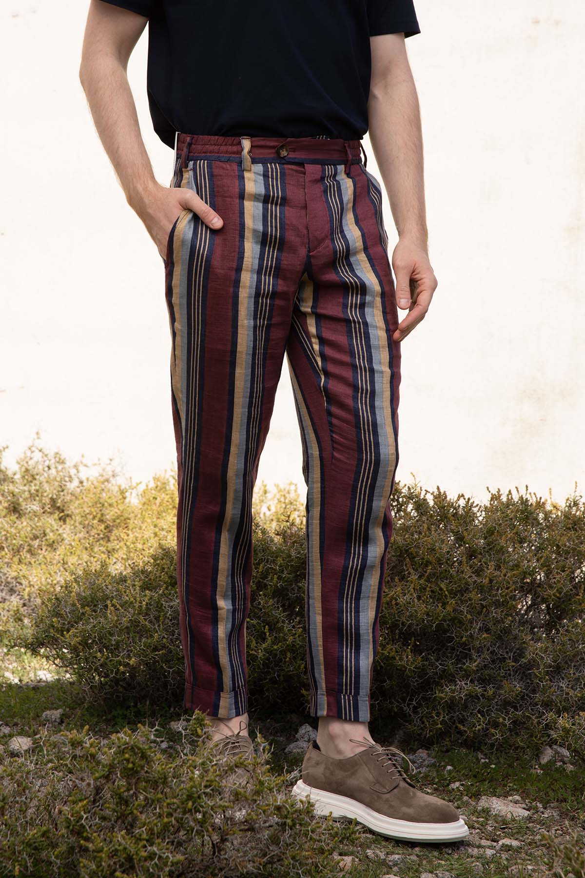 Pantaloni Torino The Rebel Renkli Çizgili Duble Paça Keten Pantolon