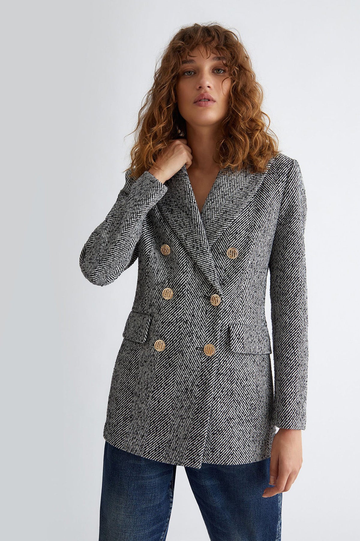 Liu Jo Balıksırtı Desenli Kruvaze Yün Kaban-Libas Trendy Fashion Store