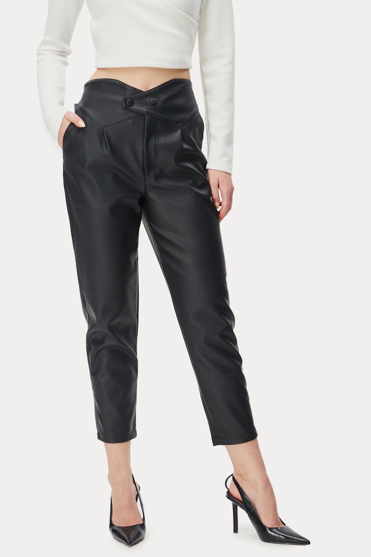Bsb Slim Fit Tek Pile Beli Lastikli Yüksek Bel Deri Pantolon-Libas Trendy Fashion Store