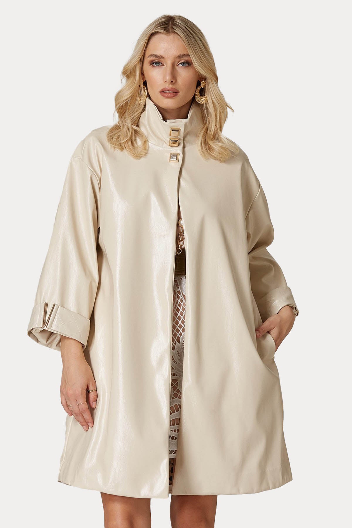 Lynne Dik Yaka Parlak Deri Trençkot-Libas Trendy Fashion Store