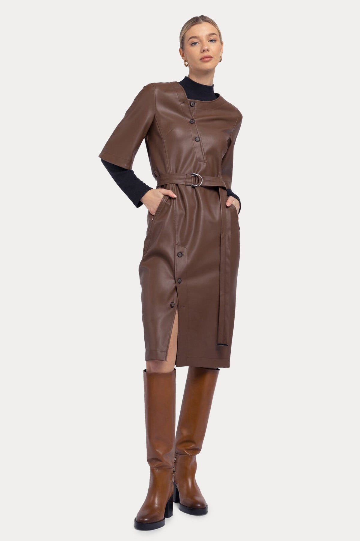 Urbancode Kemerli Midi Deri Elbise-Libas Trendy Fashion Store