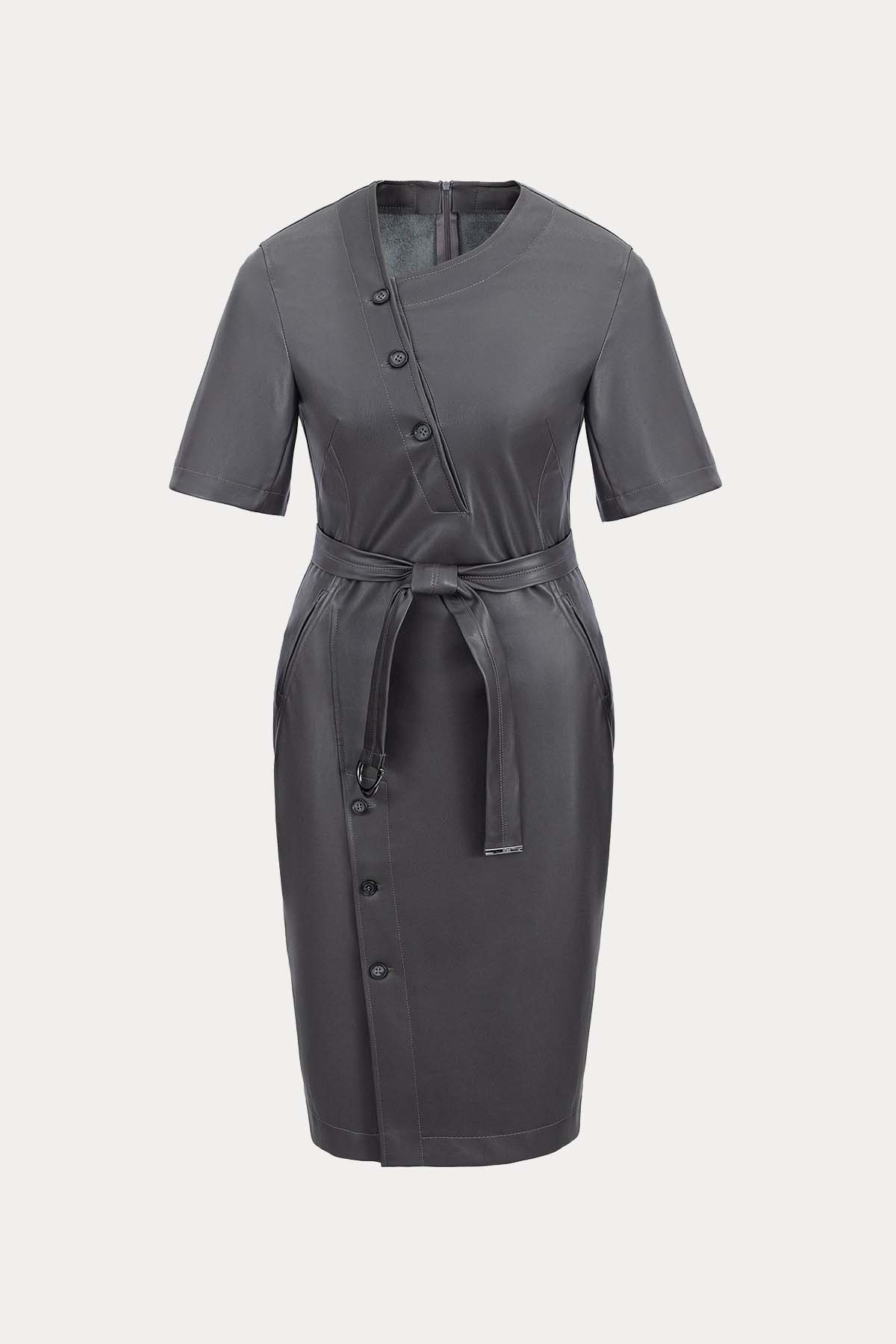 Urbancode Kemerli Midi Deri Elbise-Libas Trendy Fashion Store