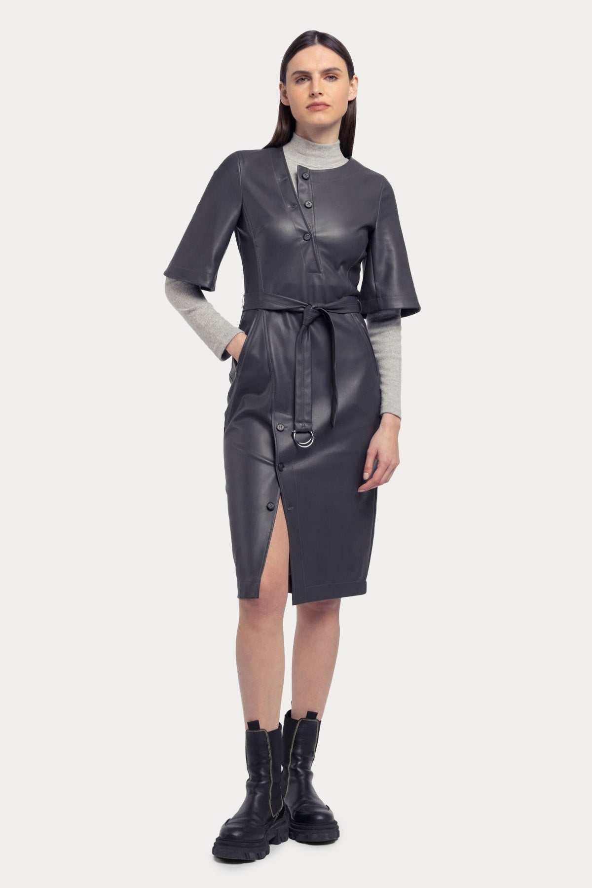 Urbancode Kemerli Midi Deri Elbise-Libas Trendy Fashion Store