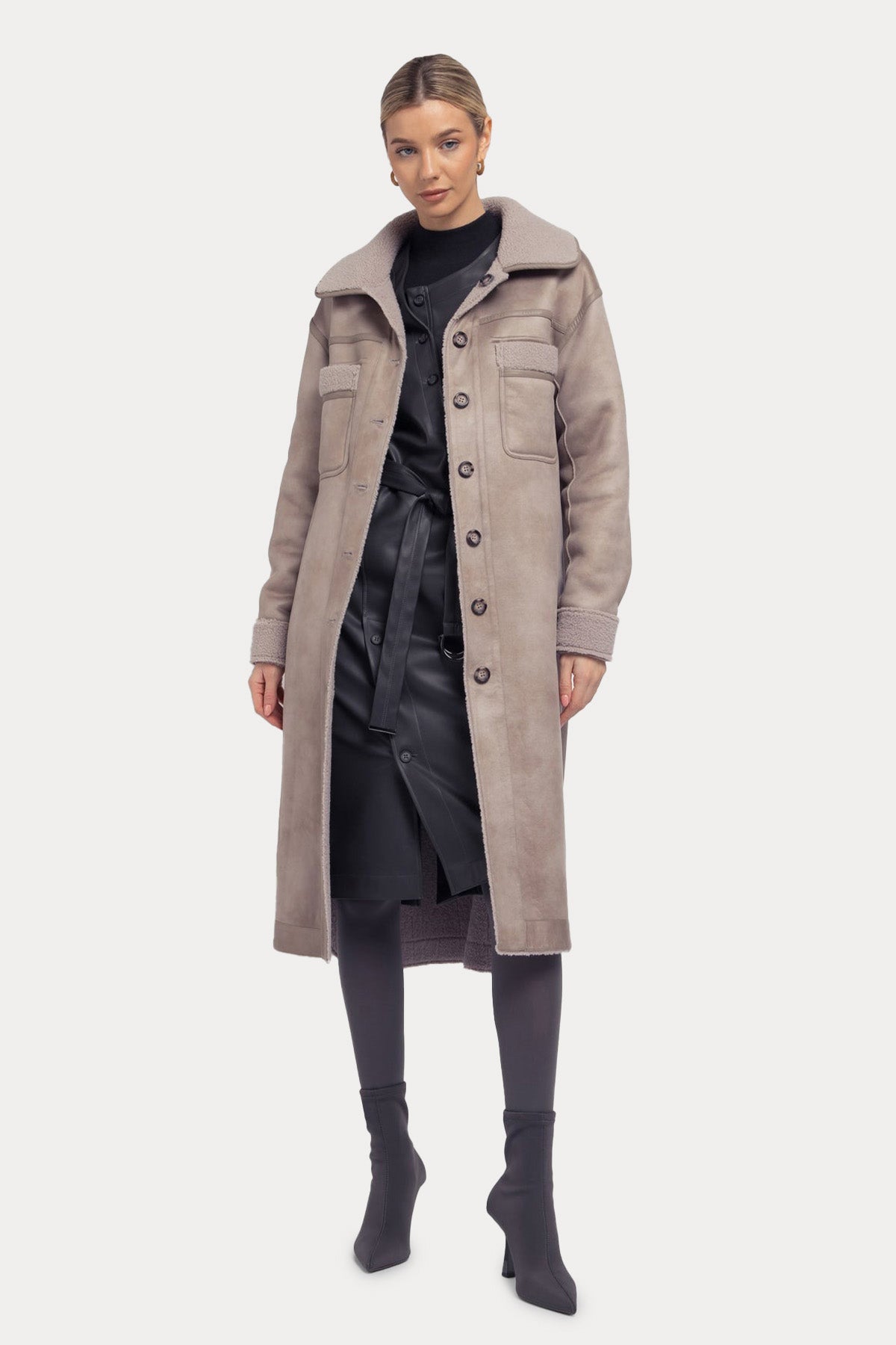 Urbancode Çift Taraflı Kuşaklı Eko Kürklü Deri Manto-Libas Trendy Fashion Store