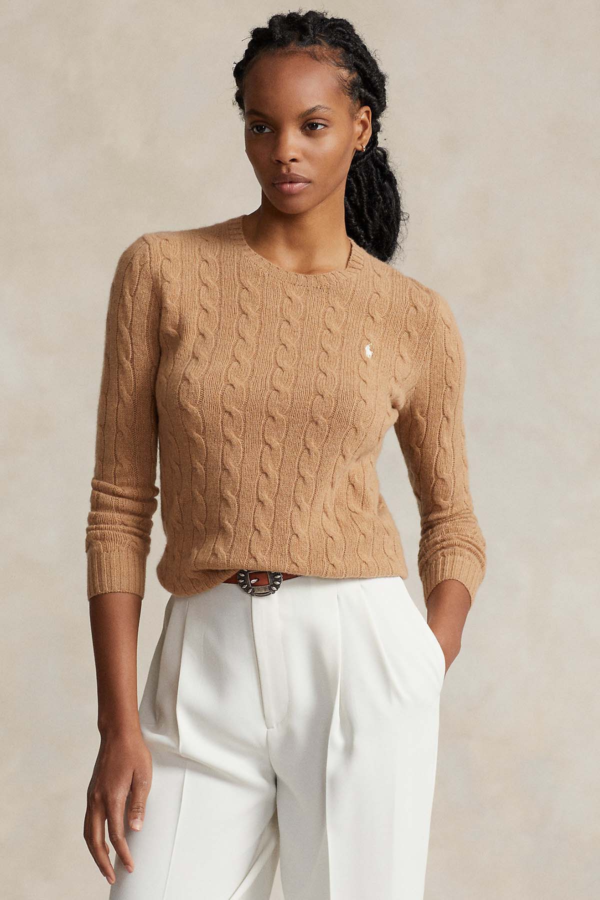 Polo Ralph Lauren Kaşmirli Slim Fit Yuvarlak Yaka Saç Örgü Yün Triko-Libas Trendy Fashion Store