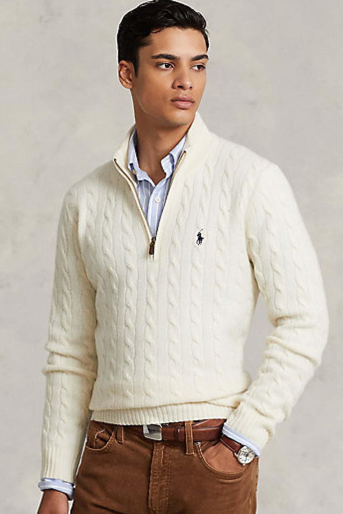 Polo Ralph Lauren Yarım Fermuarlı Dik Yaka Saç Örgü Kaşmirli Yün