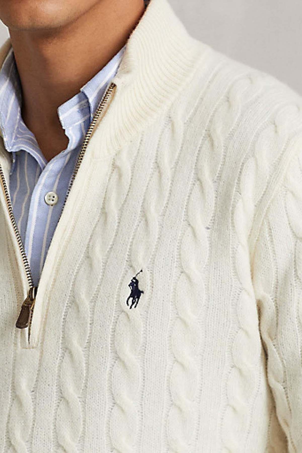 Polo Ralph Lauren Yarım Fermuarlı Dik Yaka Saç Örgü Kaşmirli Yün