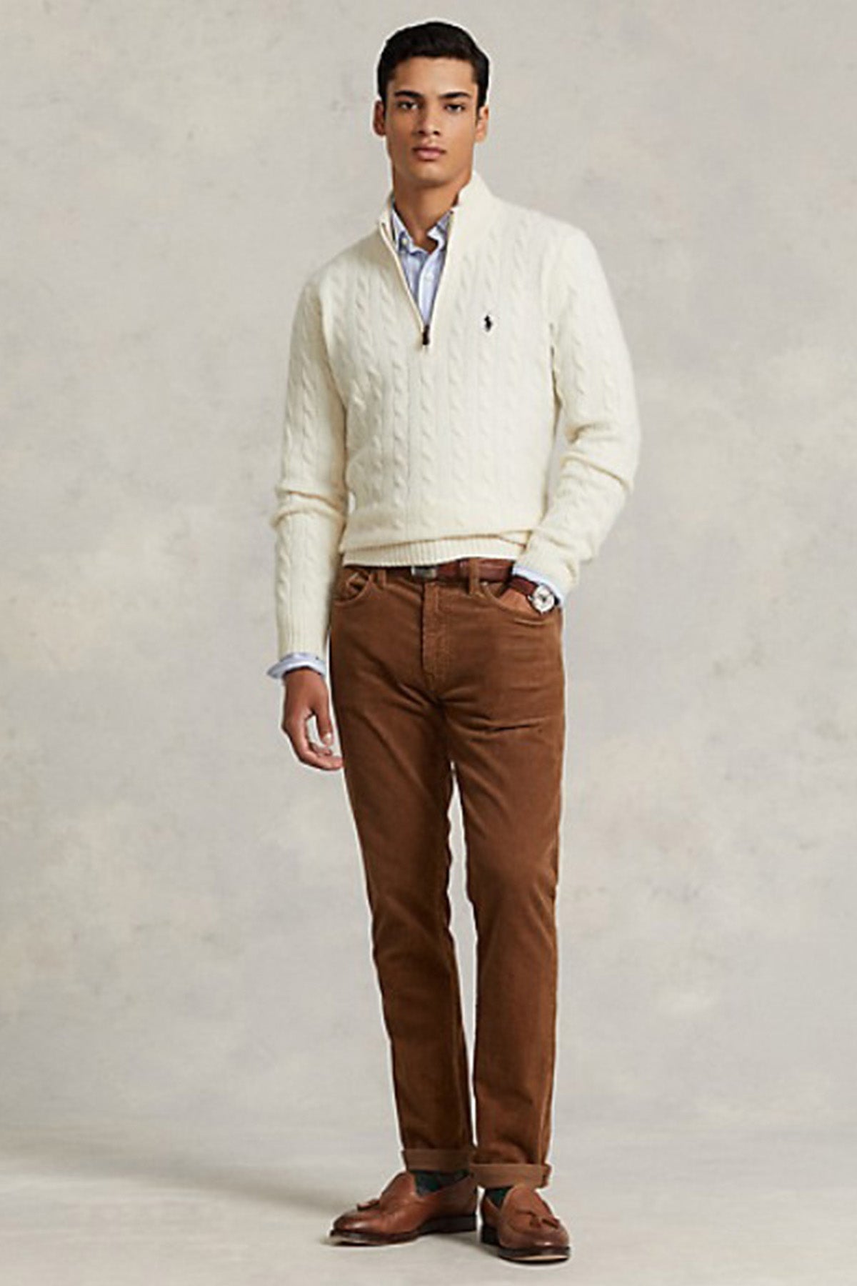 Polo Ralph Lauren Yarım Fermuarlı Dik Yaka Saç Örgü Kaşmirli Yün