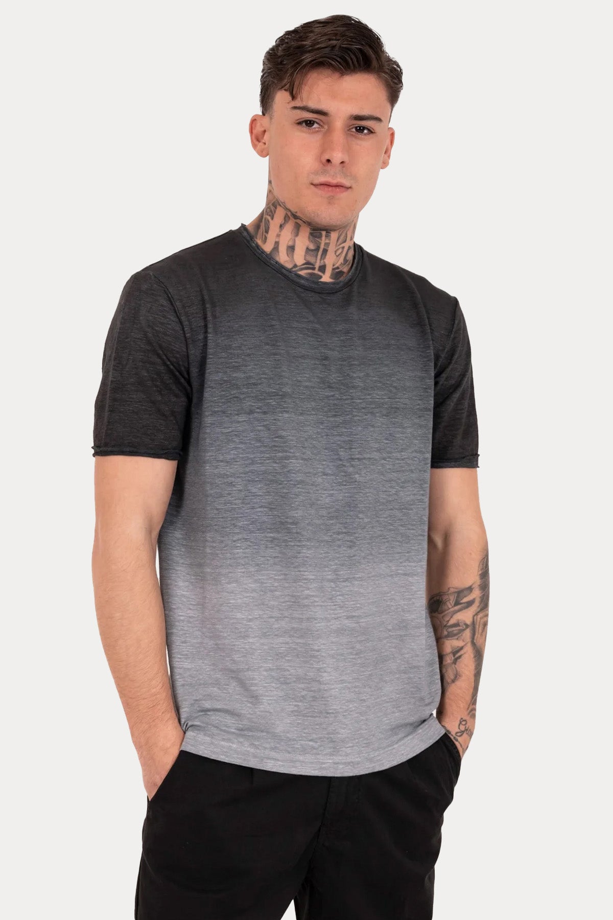 Manifattura Yuvarlak Yaka Degrade Streç Keten T-shirt-T-shirt-Libas