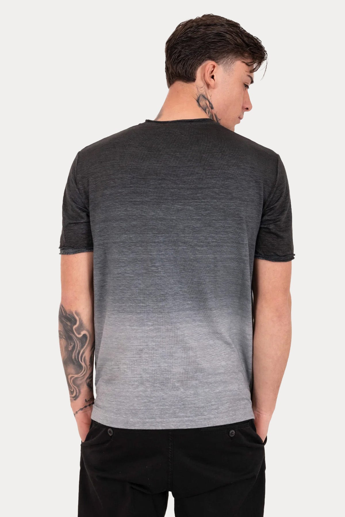 Manifattura Yuvarlak Yaka Degrade Streç Keten T-shirt-T-shirt-Libas