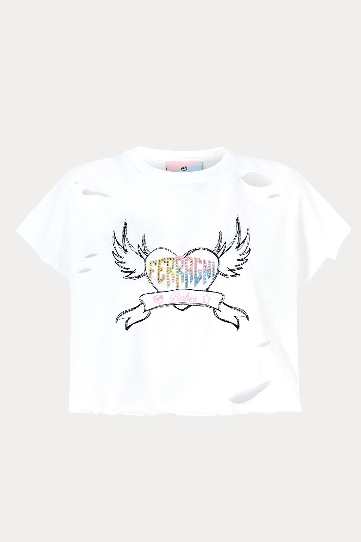 Chiara Ferragni Yuvarlak Yaka Yırtıklı Tasarım Logolu Crop T-shirt-T-shirt-Libas
