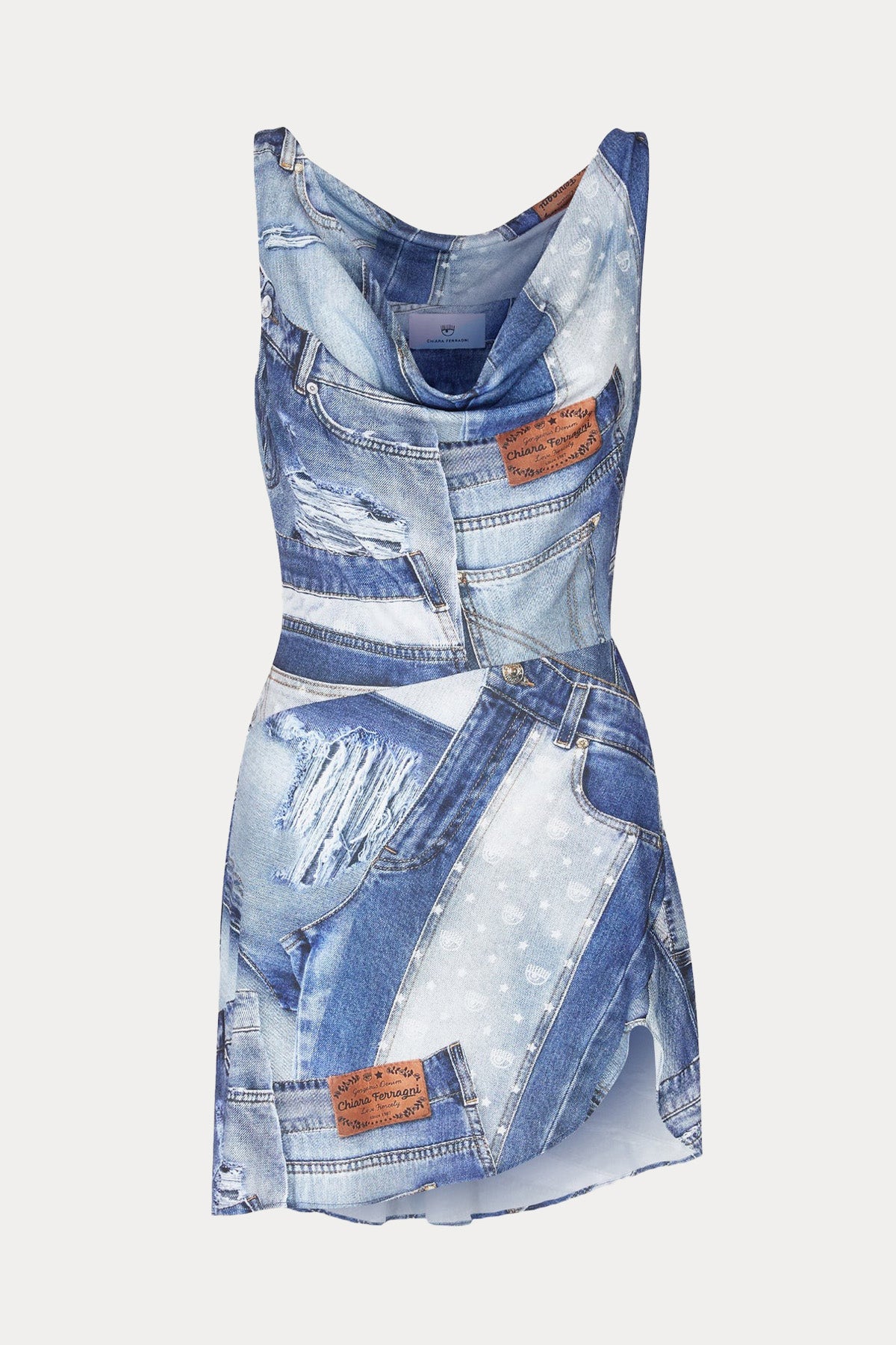 Chiara Ferragni Denim Desenli Derin V Yaka Mini Elbise-Elbise-Libas