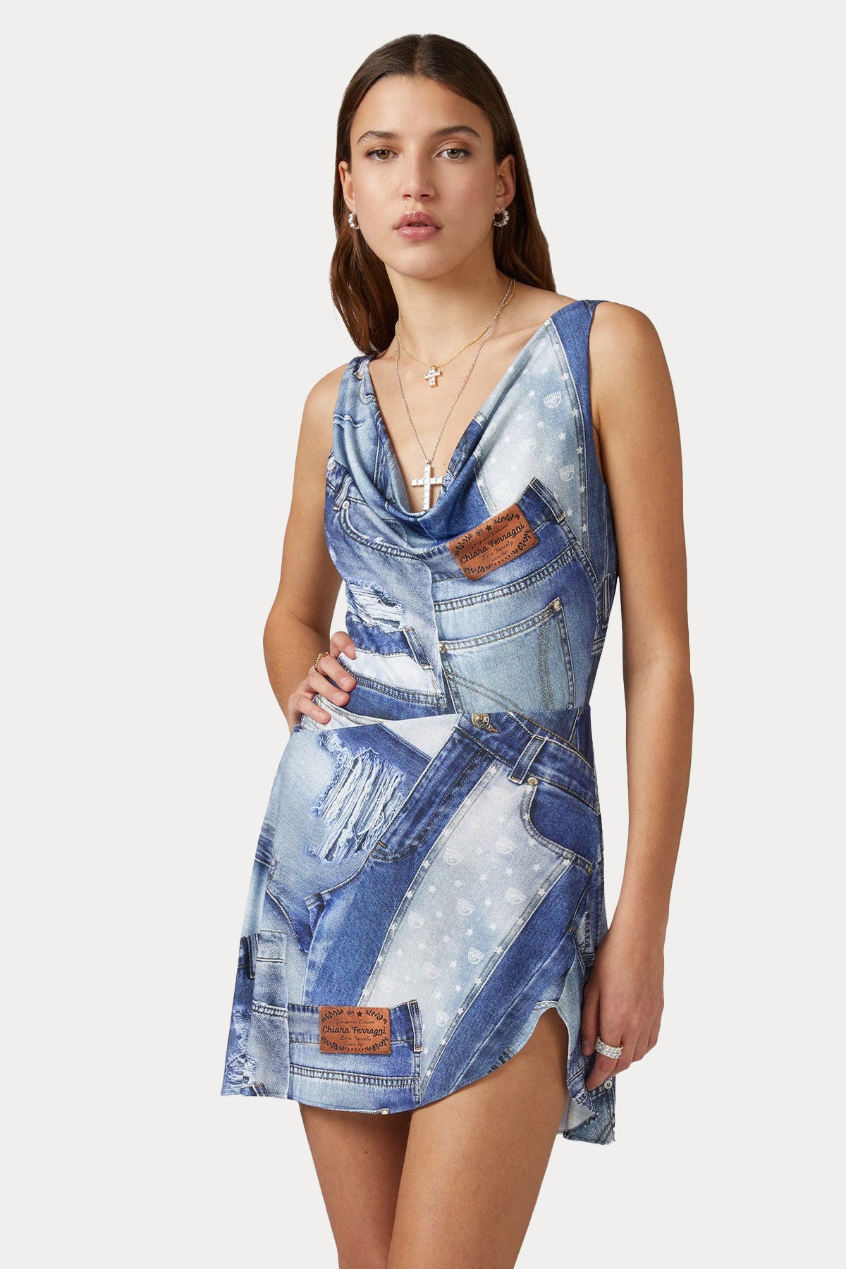 Chiara Ferragni Denim Desenli Derin V Yaka Mini Elbise-Elbise-Libas