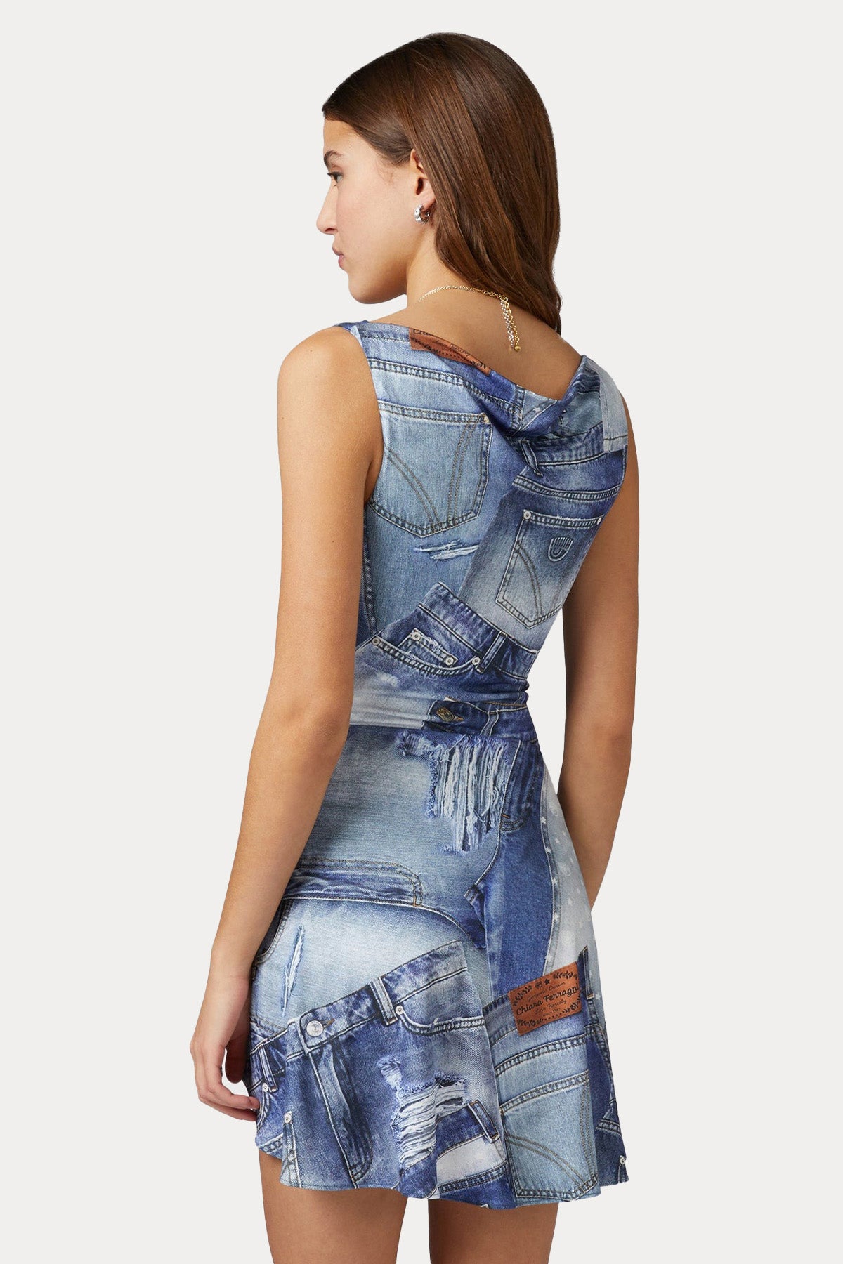Chiara Ferragni Denim Desenli Derin V Yaka Mini Elbise-Elbise-Libas