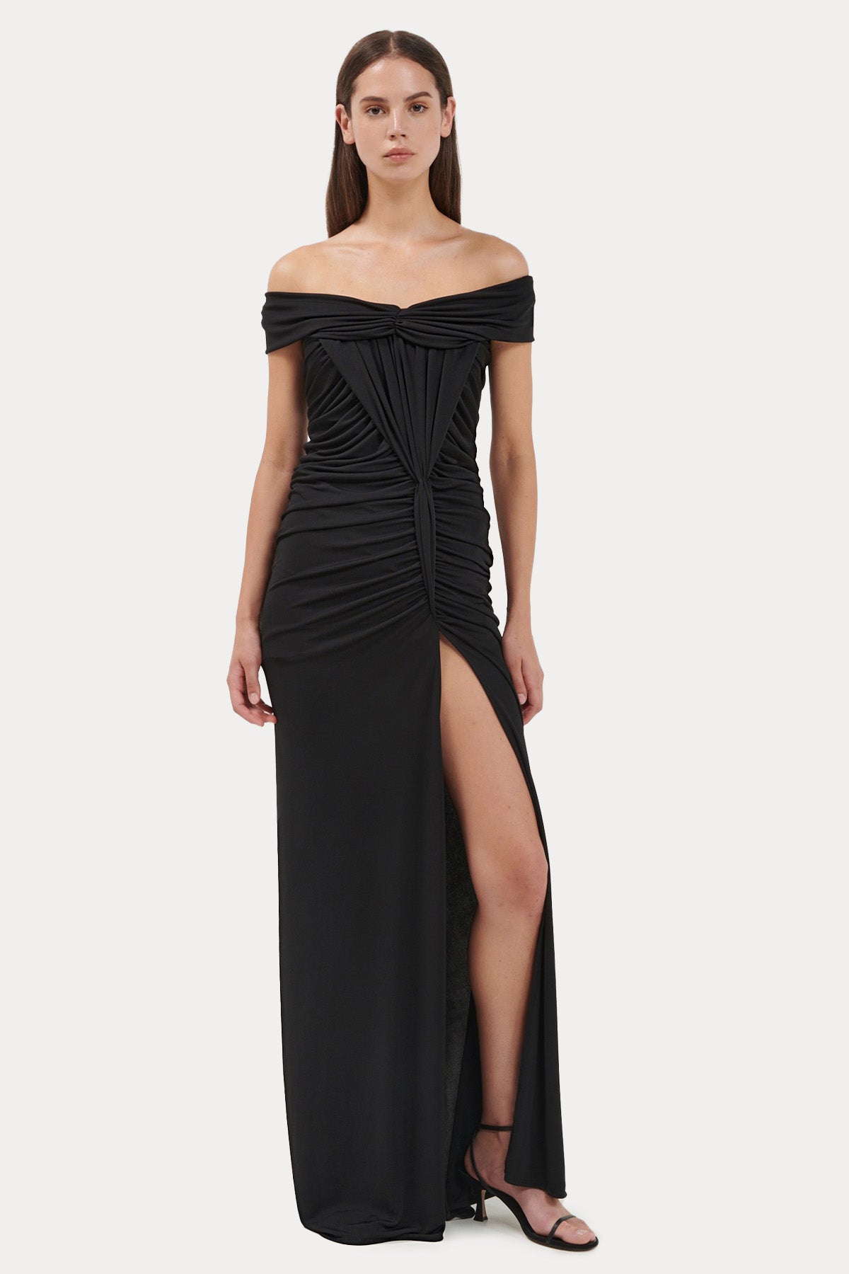 Stelios Koudounaris Straplez Yaka Yırtmaç Detaylı Maxi Abiye Elbise