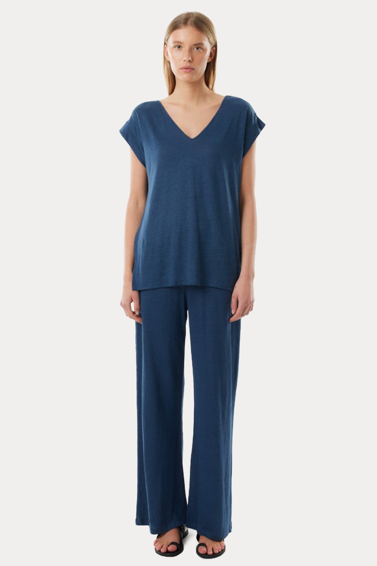 Majestic V Yaka Streç Keten Bluz