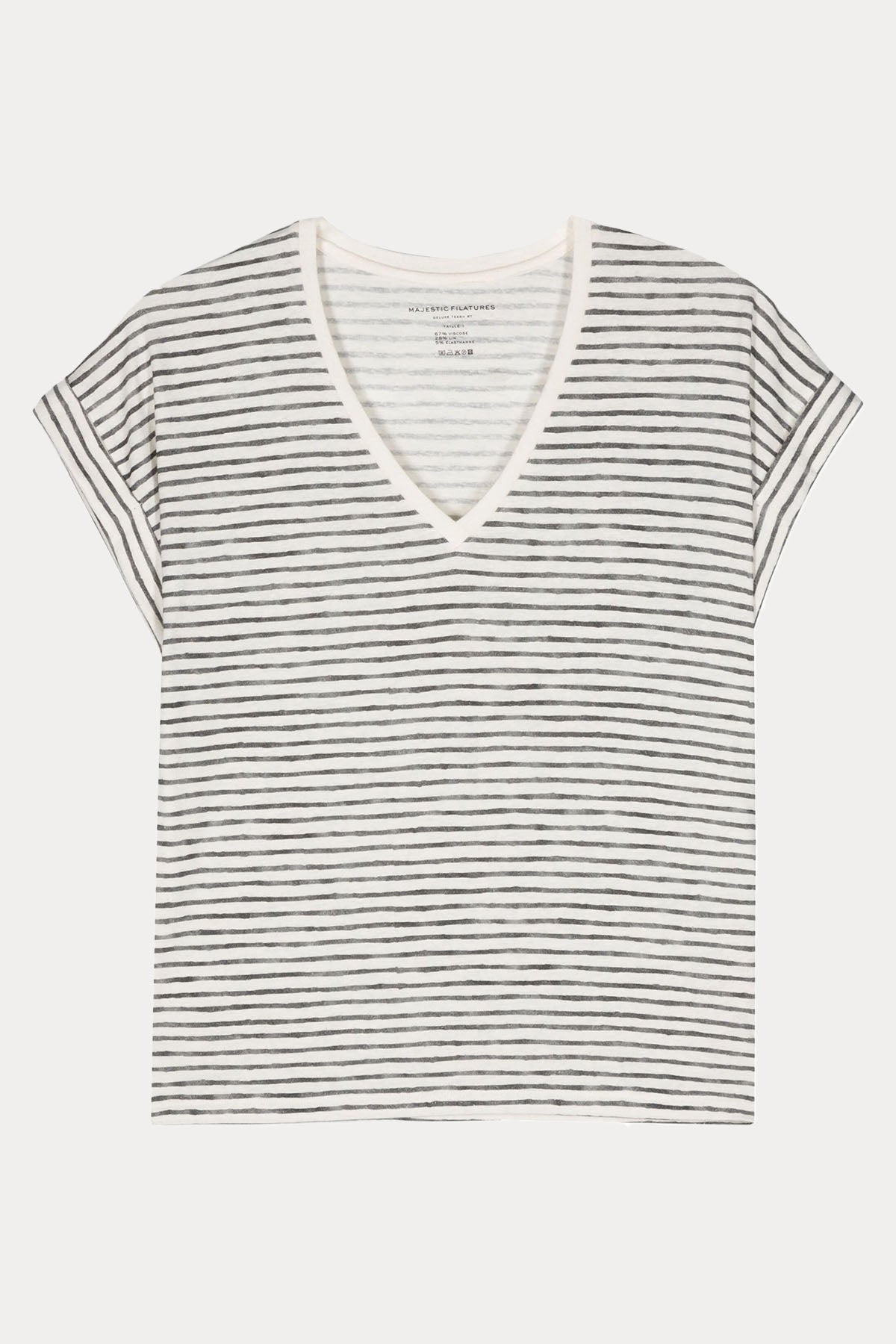 Majestic V Yaka Çizgili Streç Keten T-shirt