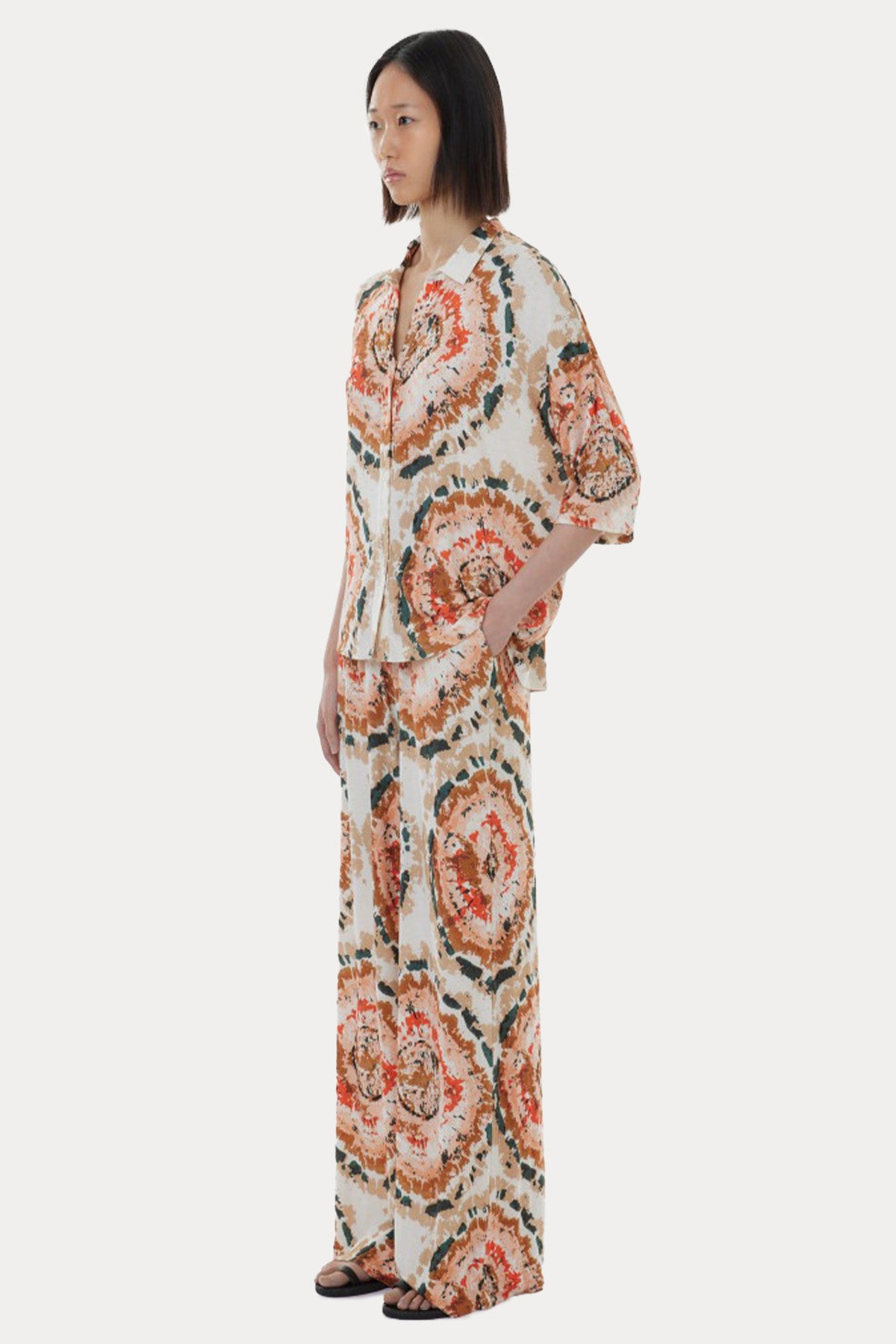 Majestic Renkli Desenli Streç Keten Gömlek