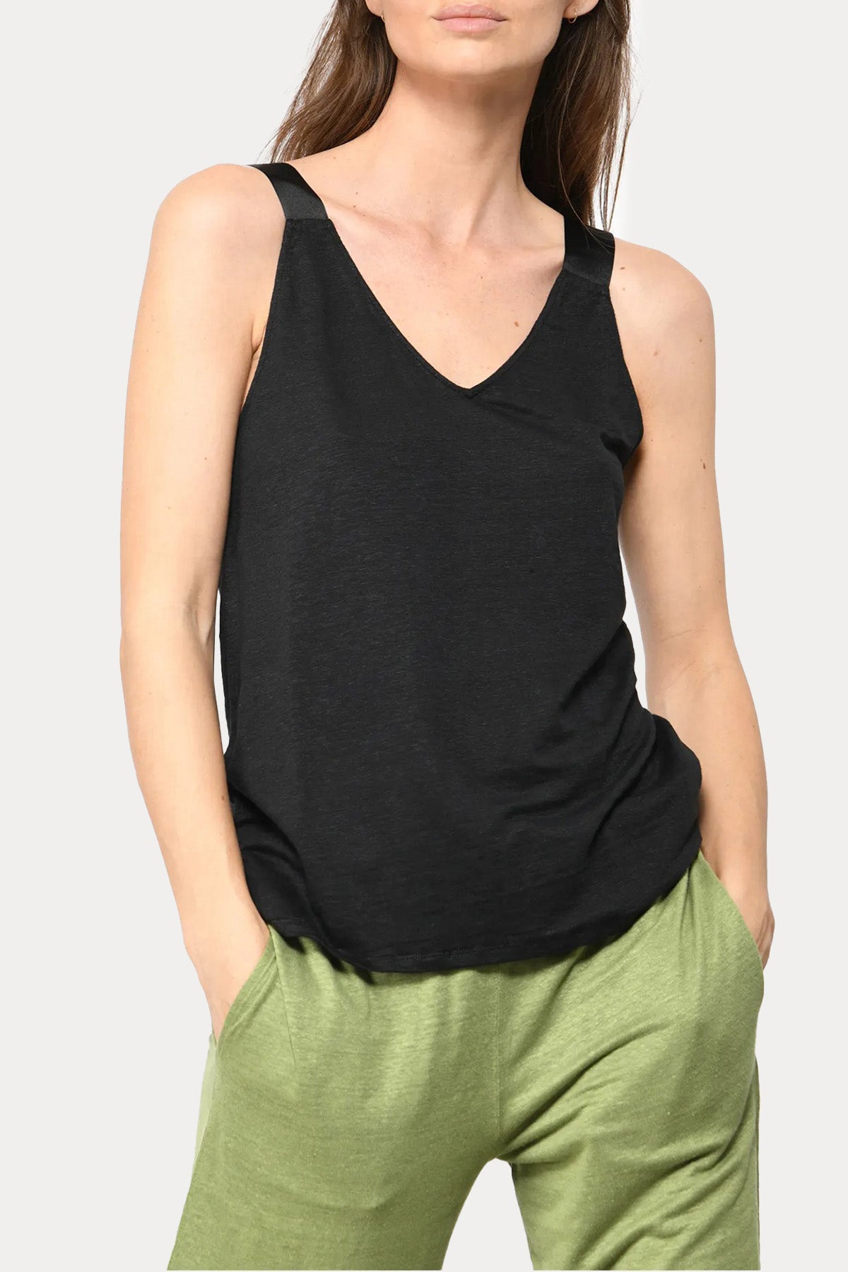 Majestic V Yaka Askılı Streç Keten Bluz