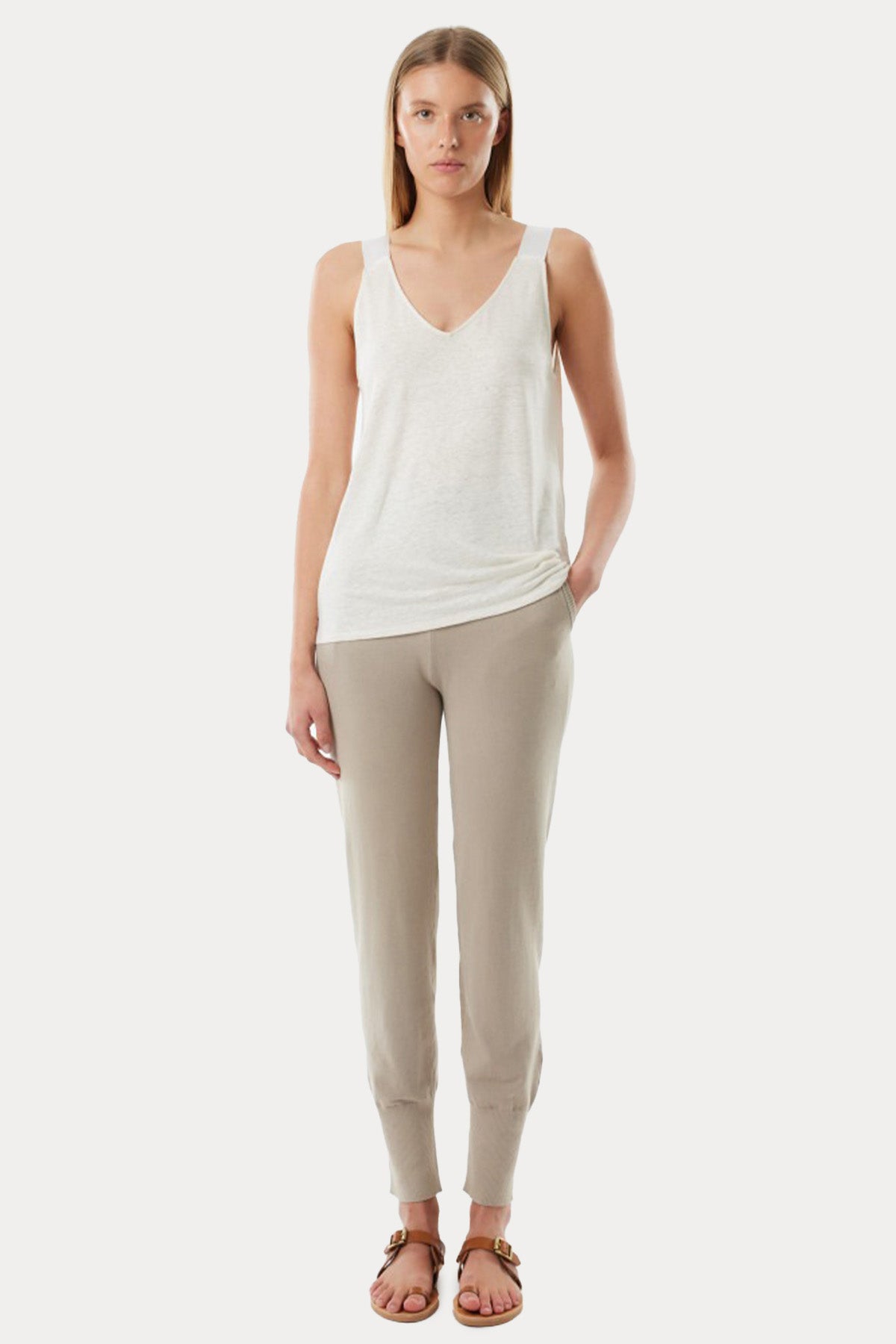 Majestic V Yaka Askılı Streç Keten Bluz