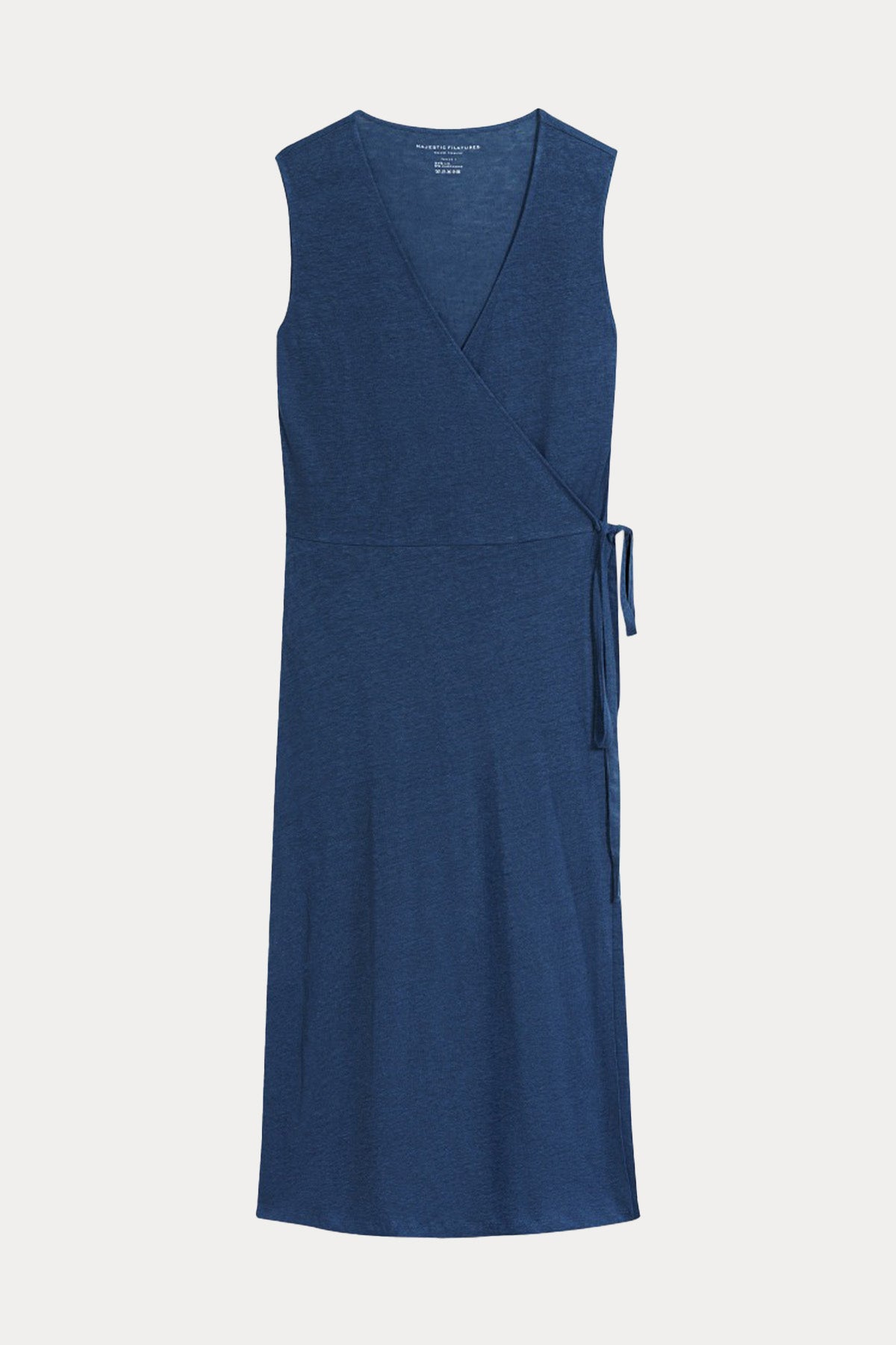 Majestic V Yaka Kruvaze Bağlamalı Steç Midi Keten Elbise