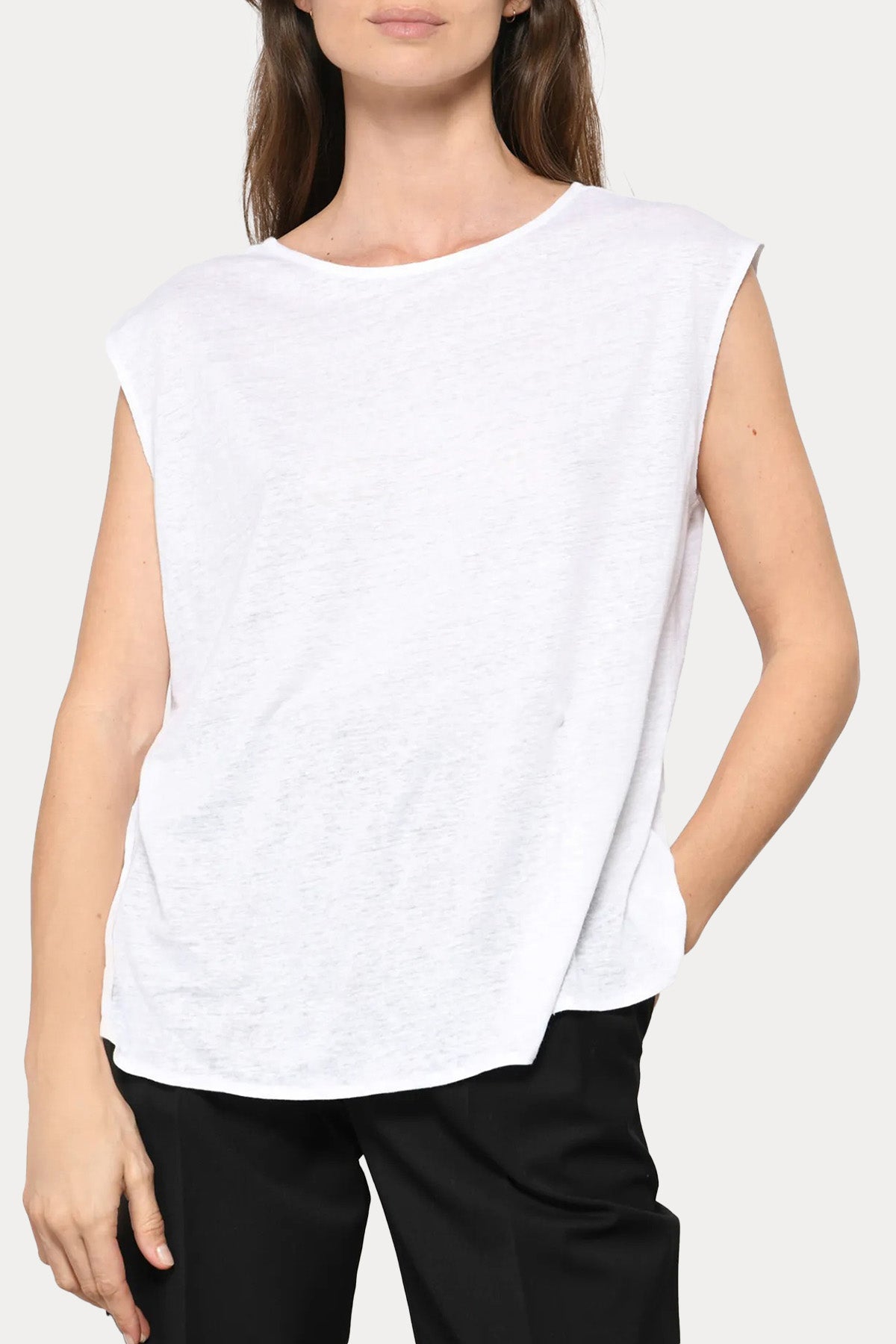 Majestic Yuvarlak Yaka Geniş Kesim Streç Keten Bluz