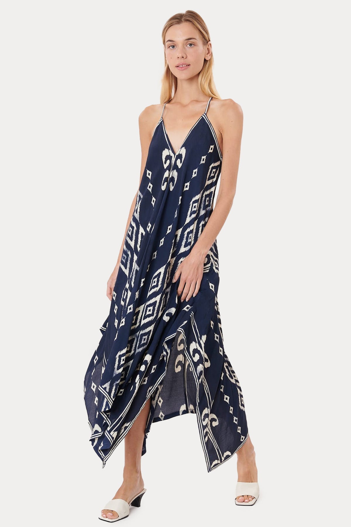 Rene Derhy V Yaka Sırt Dekolteli Desenli Midi Elbise