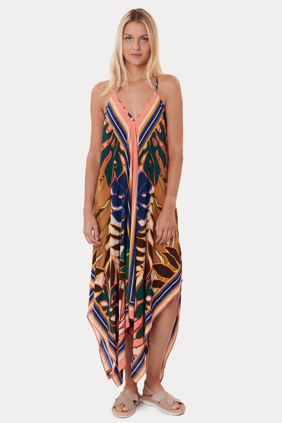 Rene Derhy V Yaka Sırt Dekolteli Desenli Midi Elbise