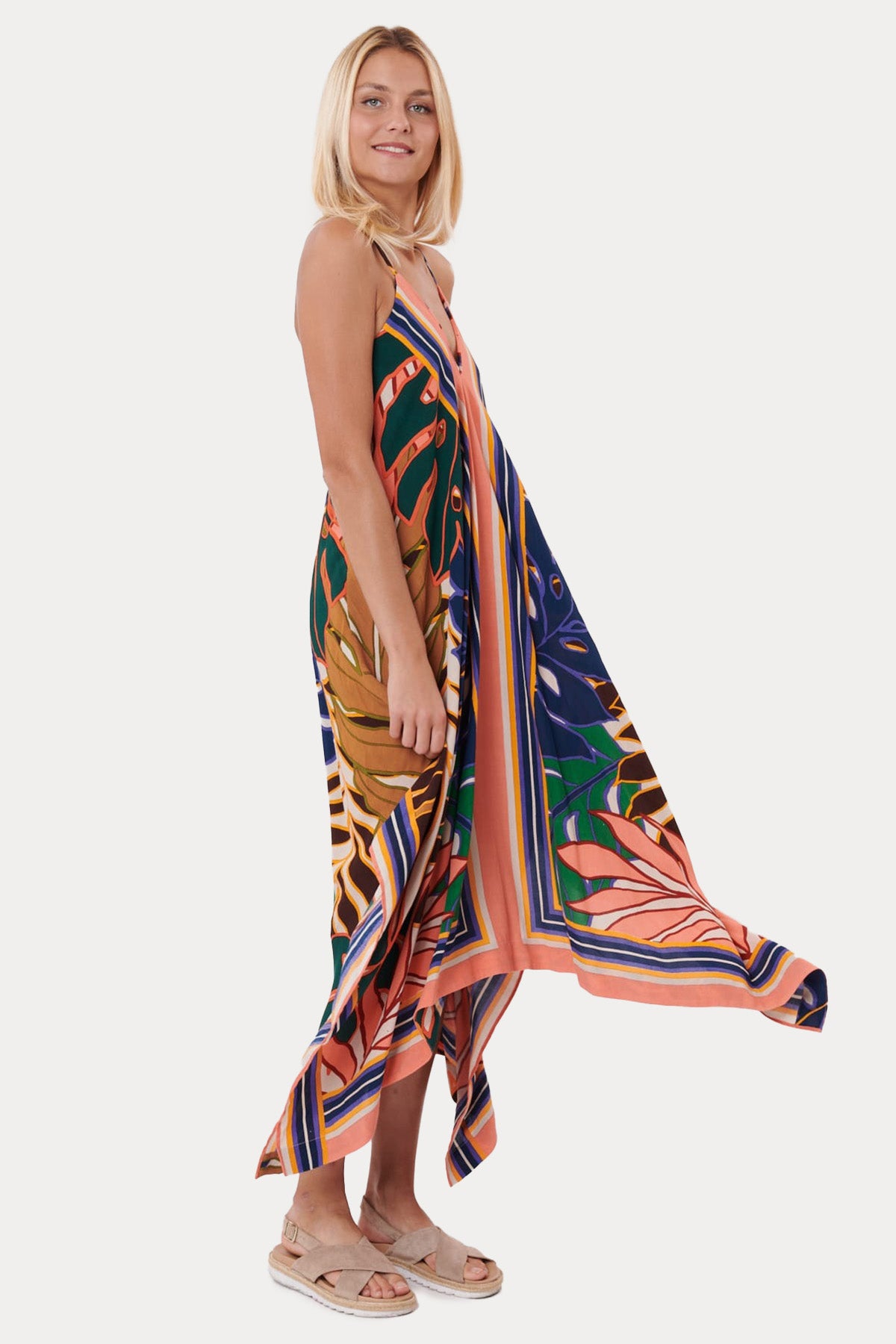 Rene Derhy V Yaka Sırt Dekolteli Desenli Midi Elbise