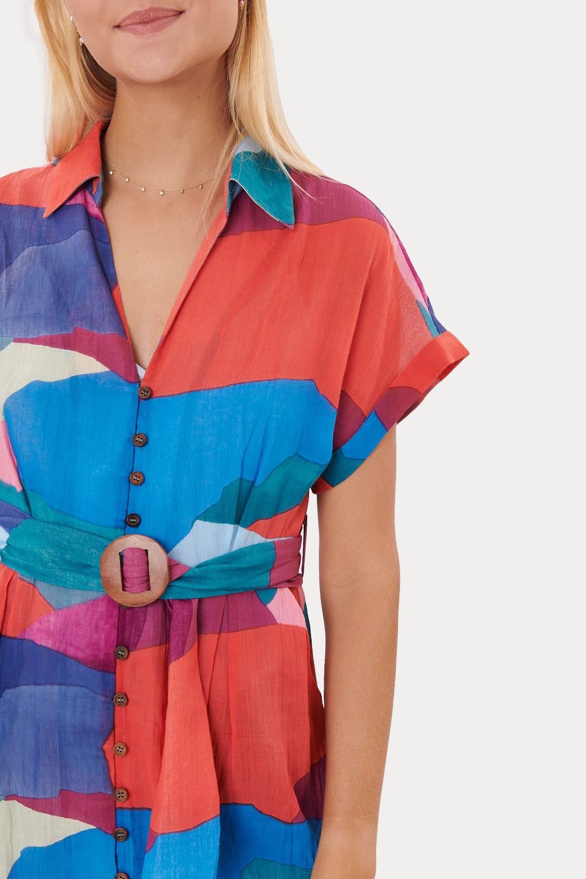 Rene Derhy Klasik Yaka Kemerli Desenli Midi Gömlek Elbise