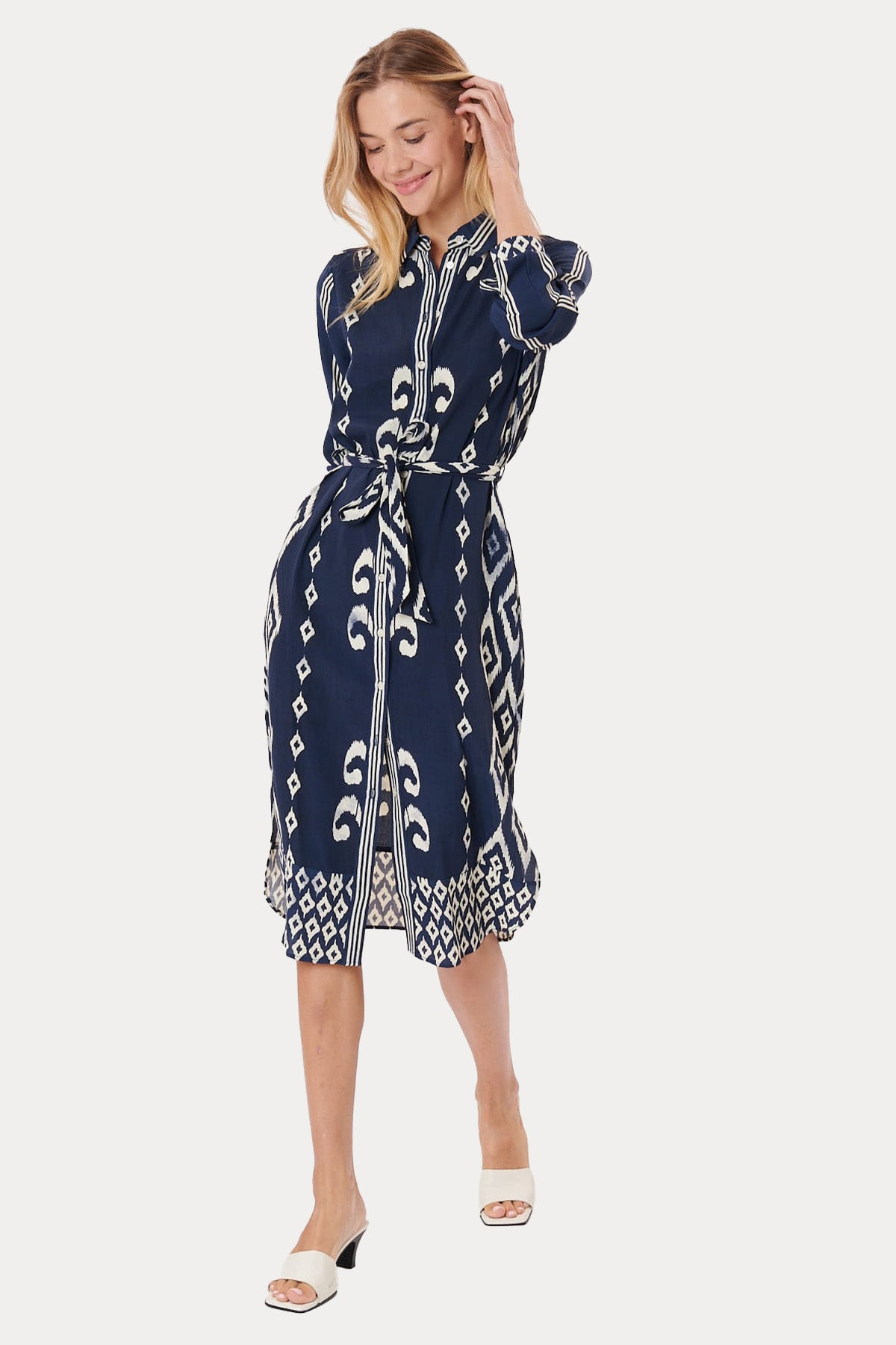Rene Derhy Klasik Yaka Kemerli Desenli Midi Gömlek Elbise-Elbise-Libas