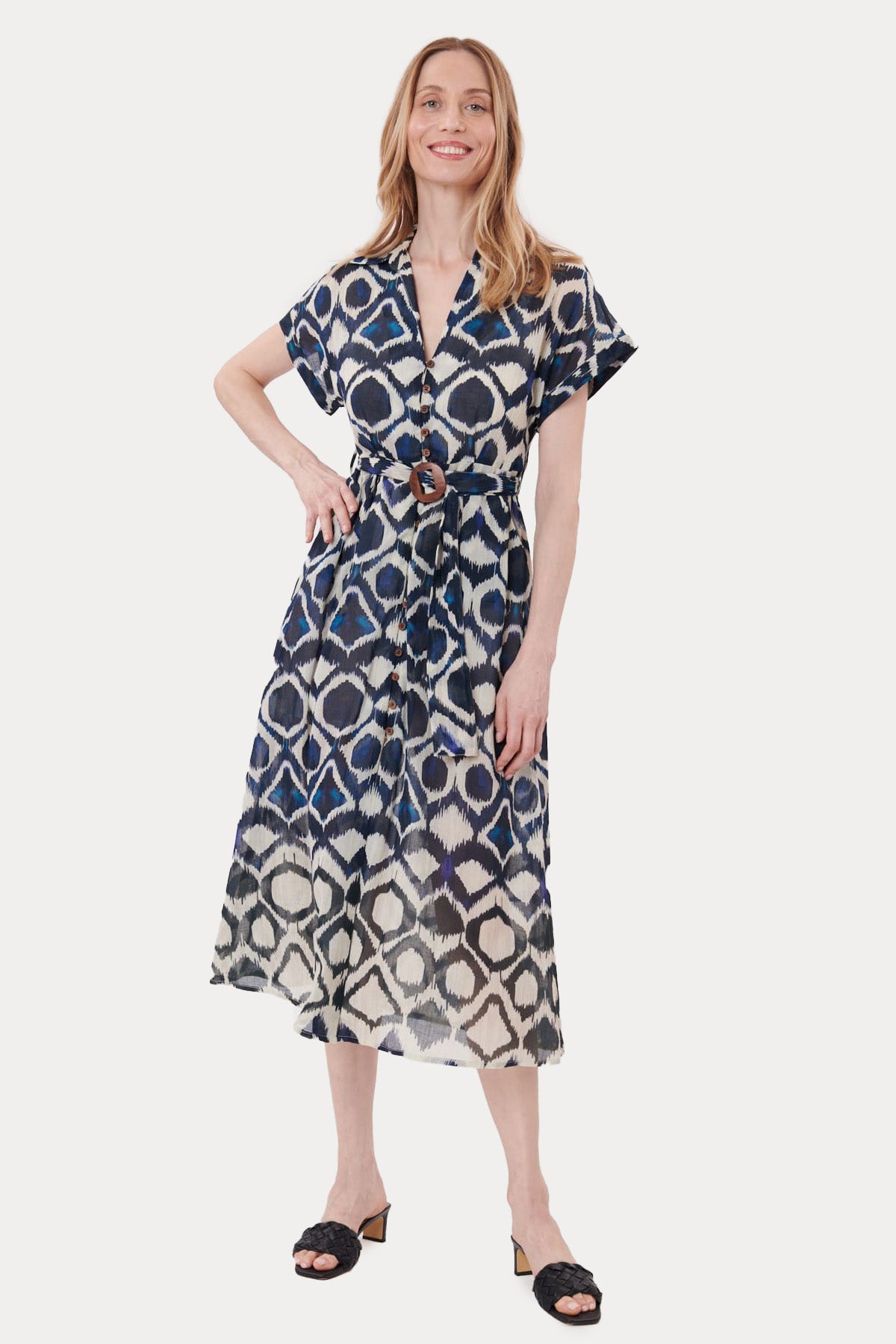 Rene Derhy V Yaka Kemerli Desenli Midi Elbise