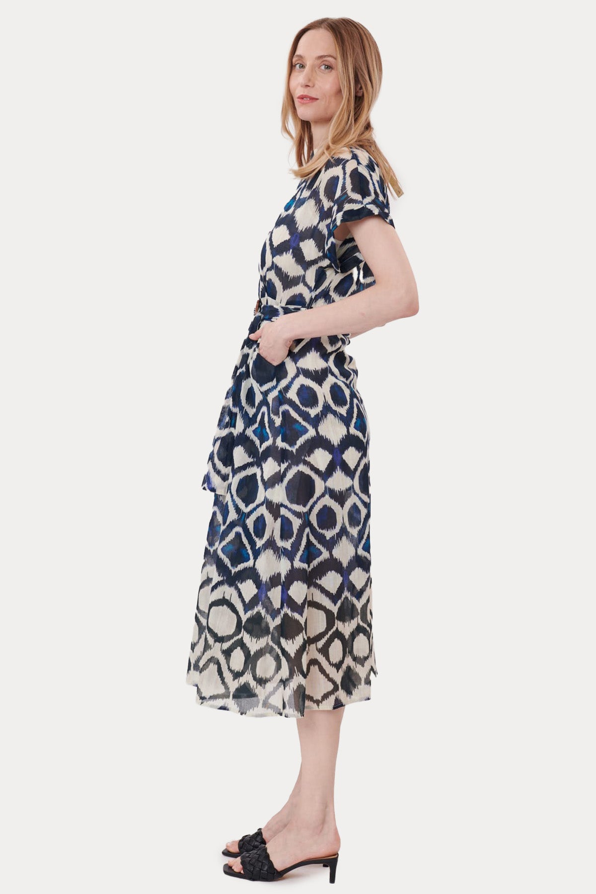 Rene Derhy V Yaka Kemerli Desenli Midi Elbise