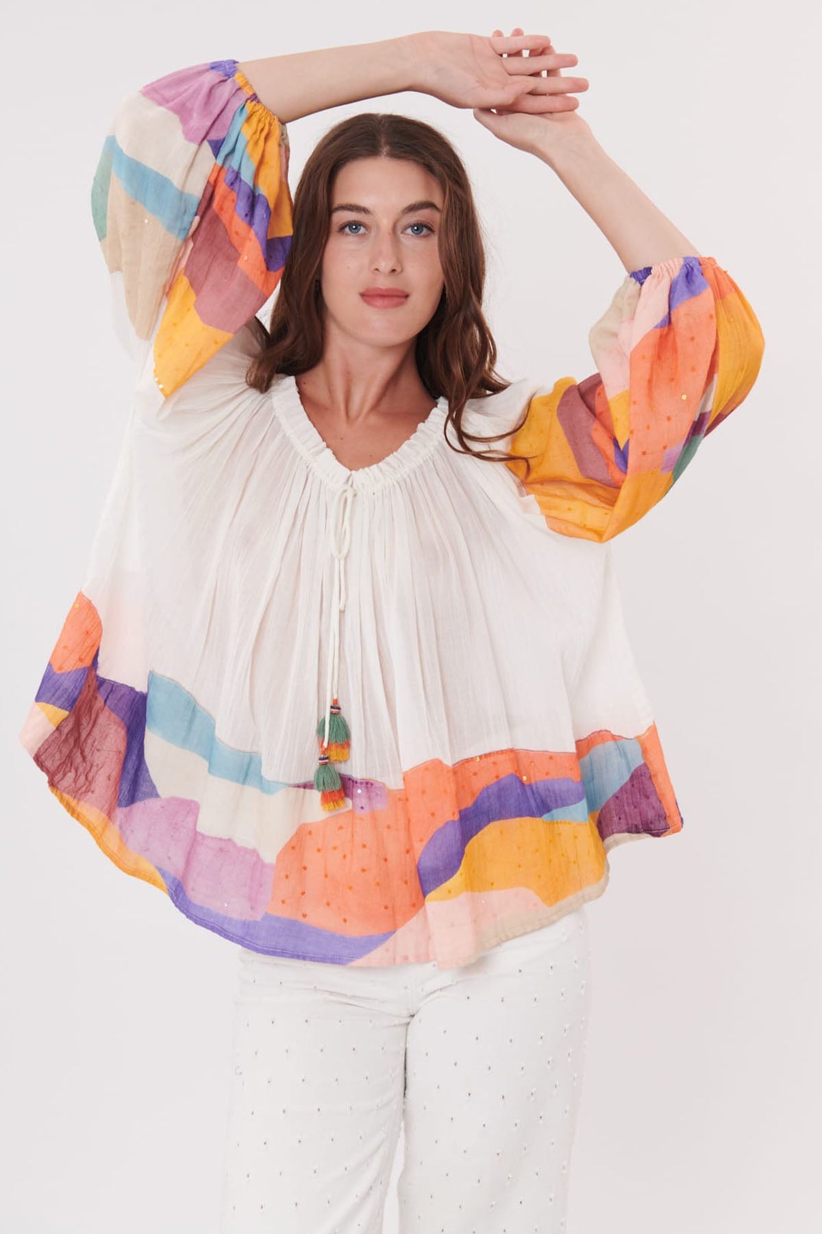 Rene Derhy Straplez Yaka Geniş Kesim Desenli Bluz