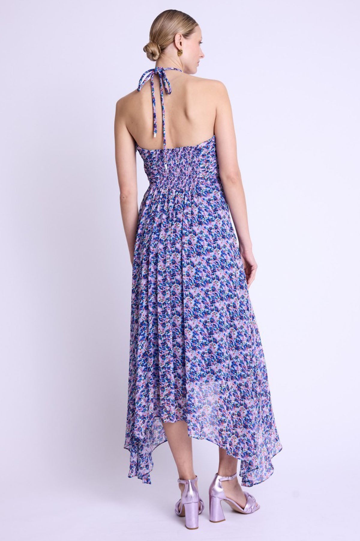 Berenice Romila Boyundan Bağlamalı Straplez Desenli Midi Elbise