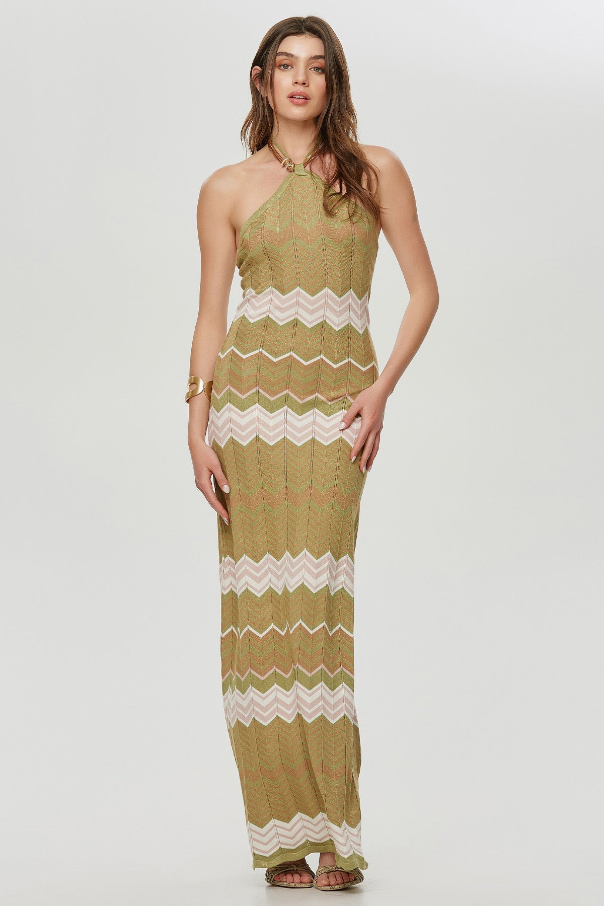 Lynne Boyundan Bağlamalı Örgü Desenli Maxi Elbise