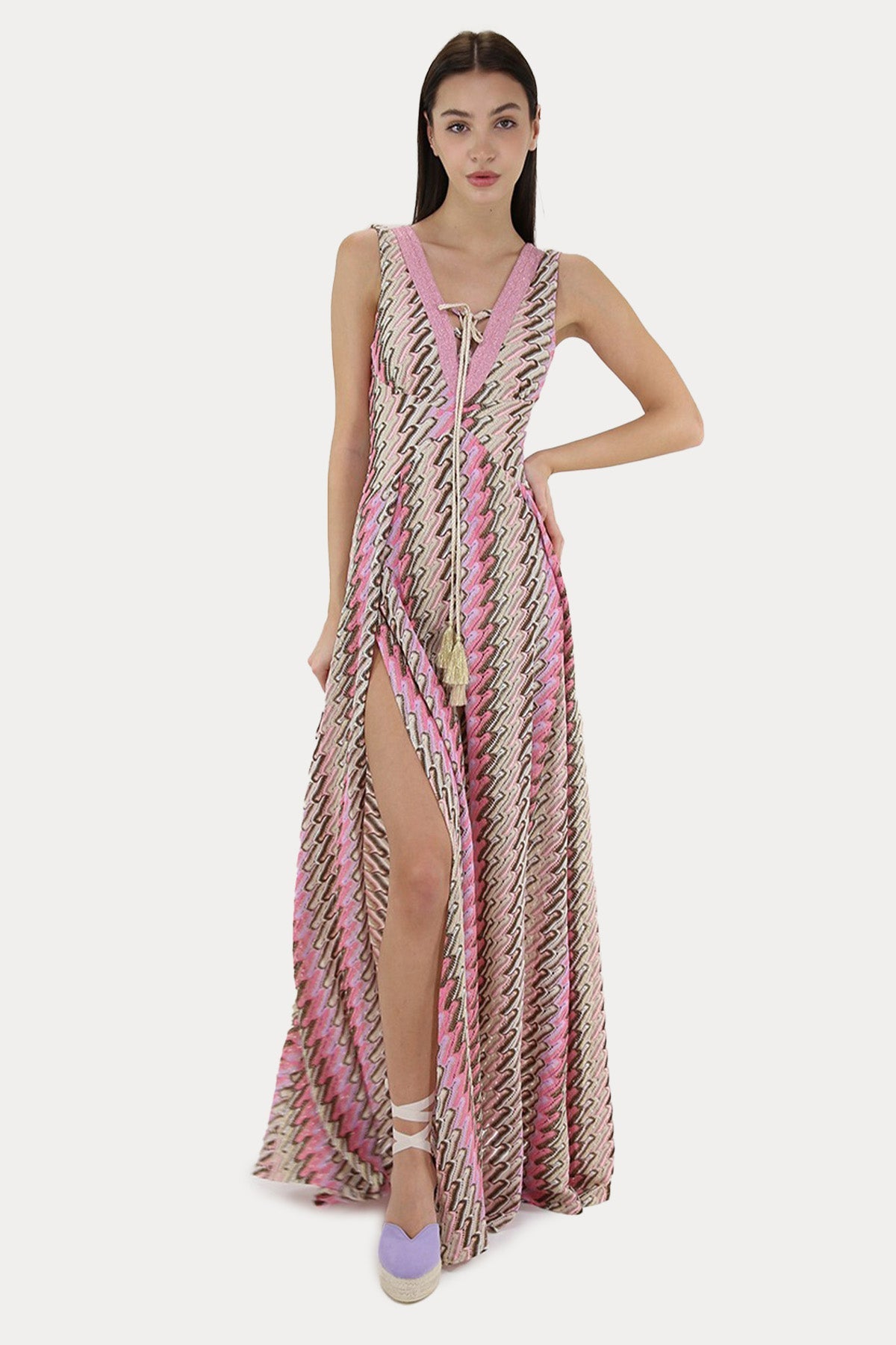 Pho Firenze V Yaka Renkli Desenli Maxi Elbise-Elbise-Libas