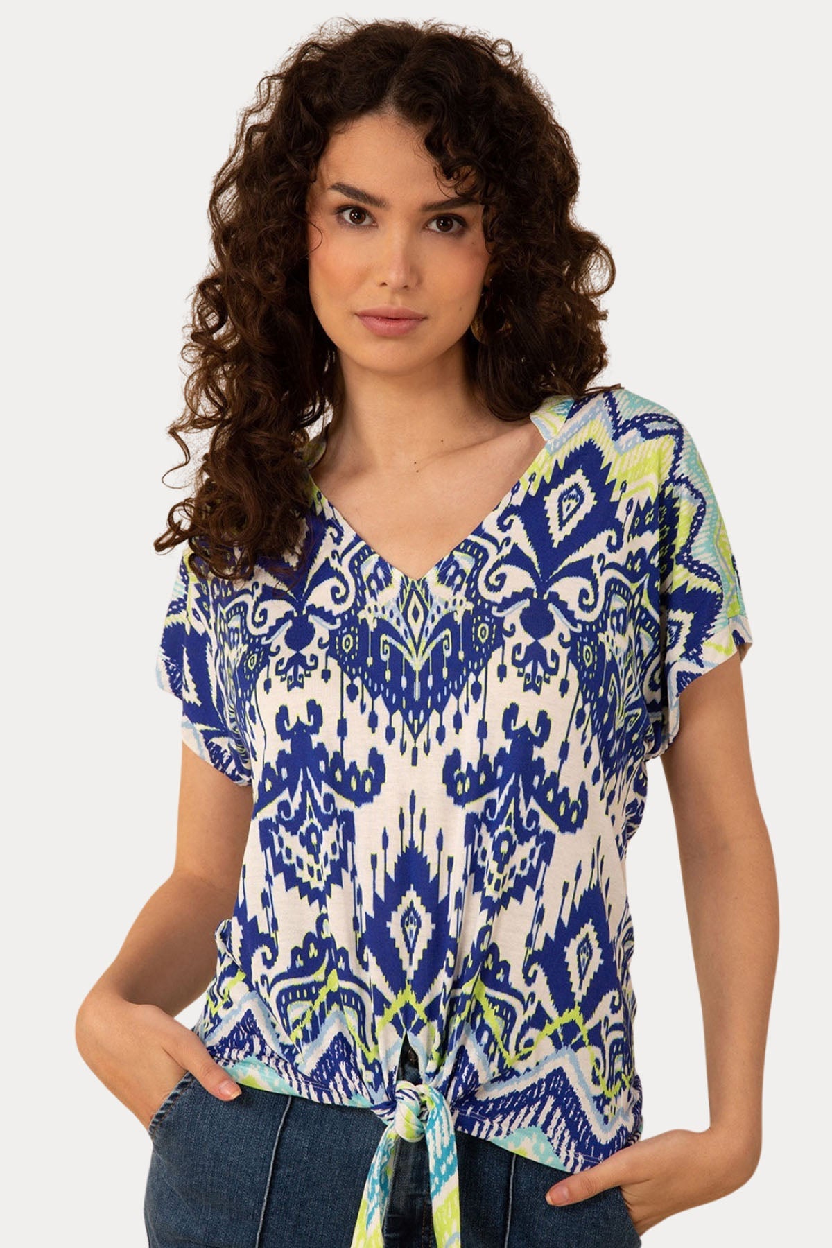 Hale Bob Alyssa V Yaka Belden Bağlamalı Etnik Desenli Bluz