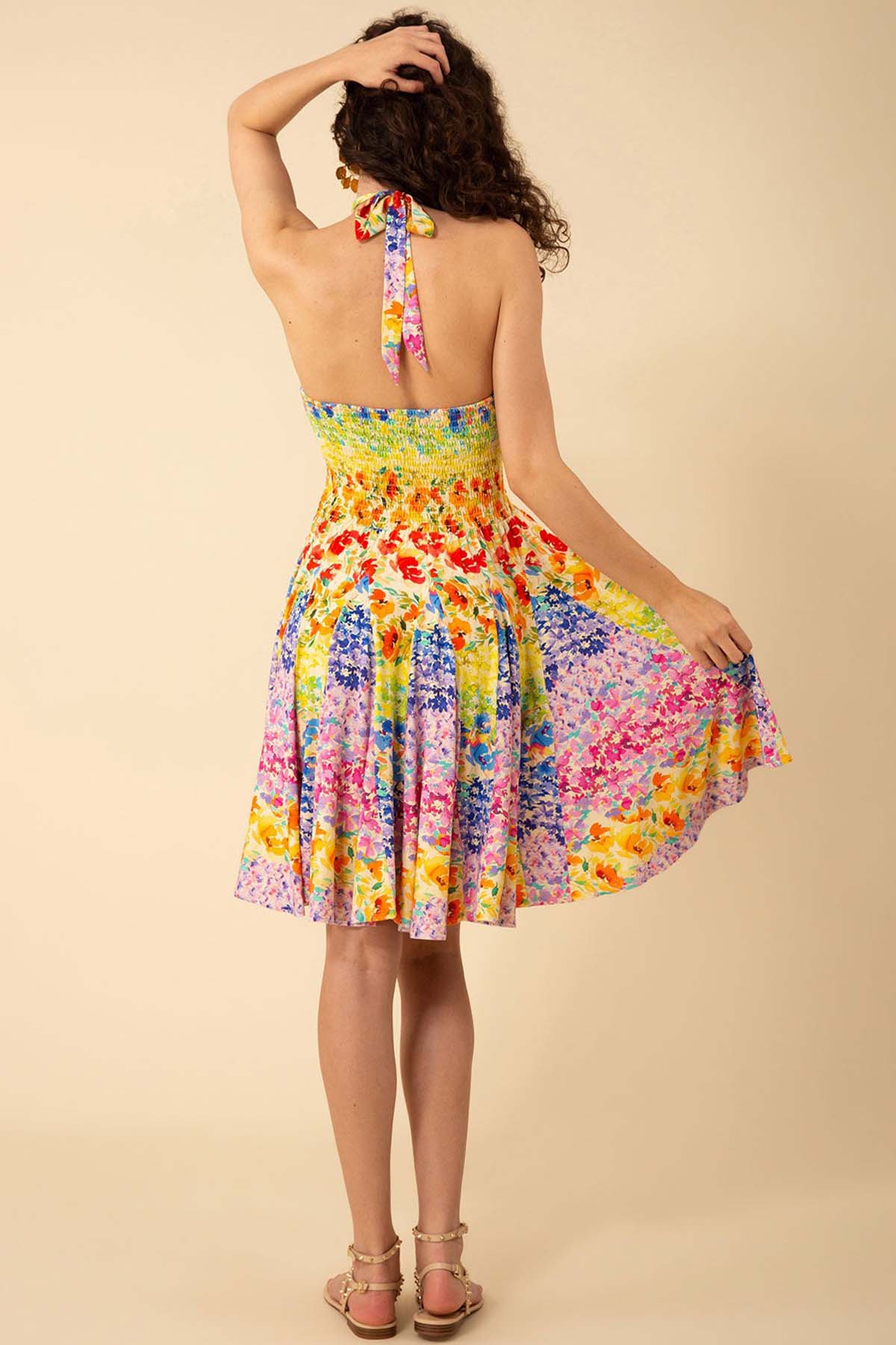 Hale Bob Wren Boyundan Bağlamalı Renkli Desenli Dizüstü Elbise