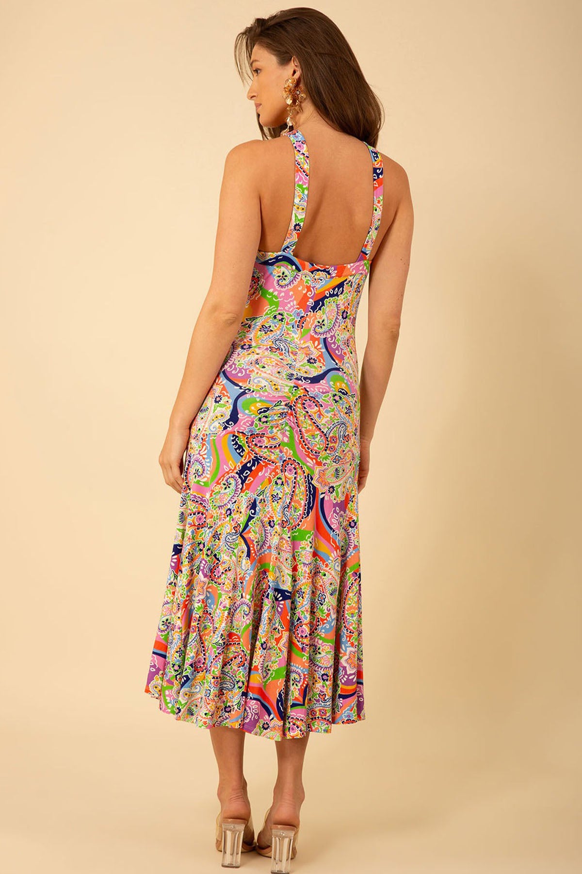 Hale Bob Boyundan Çapraz Bantlı Etnik Desenli Midi Elbise