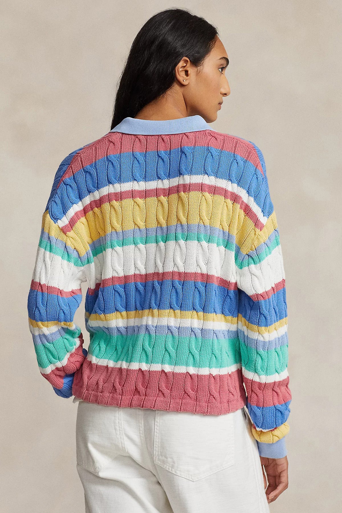 Polo Ralph Lauren Boxy Fit Polo Yaka Renk Bloklu Saç Örgü Triko