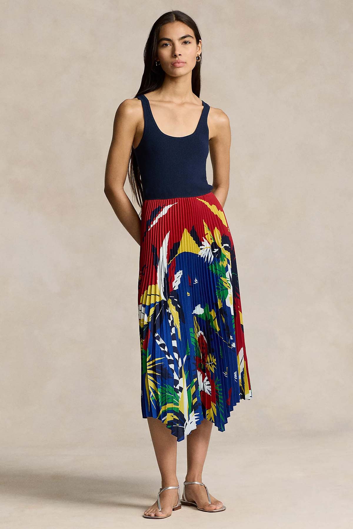 Polo Ralph Lauren Renkli Piliseli Askılı Midi Elbise