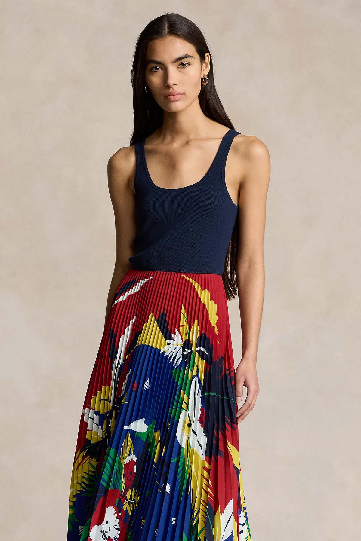 Polo Ralph Lauren Renkli Piliseli Askılı Midi Elbise