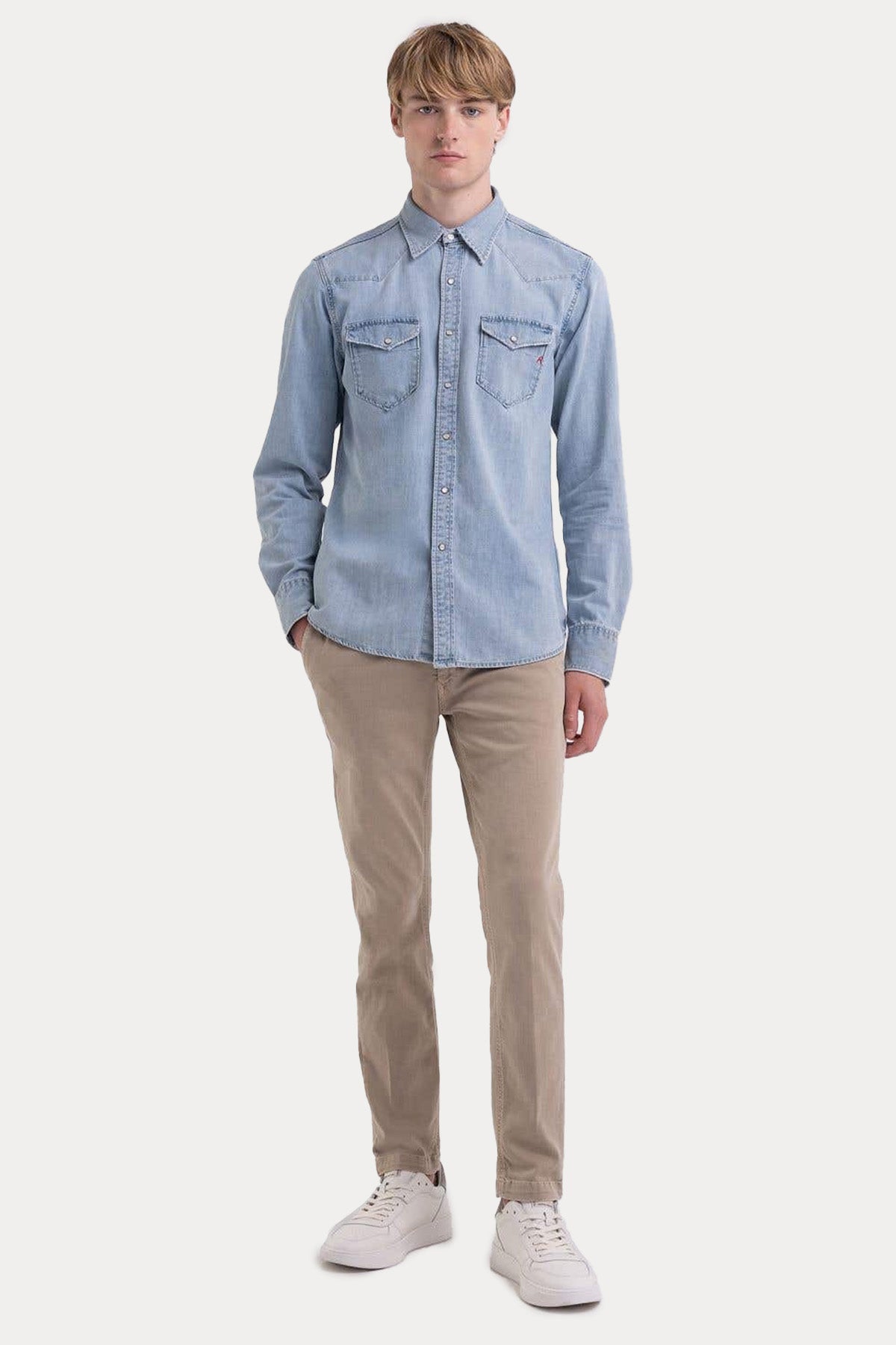 Replay Klasik Yaka Cep Detaylı Denim Gömlek