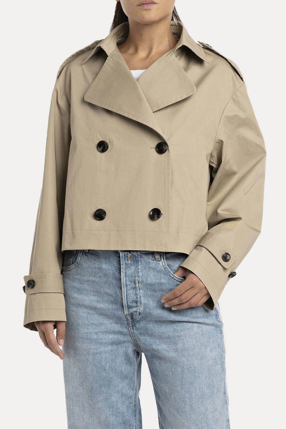 Replay Kruvaze Crop Trençkot Ceket